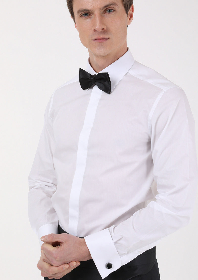 Beyaz Slim Fit Duble Manşet Sivri Yaka Smokin Gömlek