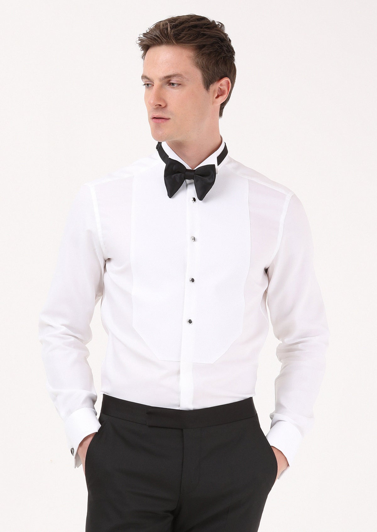 Beyaz Düz Slim Fit Duble Manşet Ata Yaka Smokin Gömlek