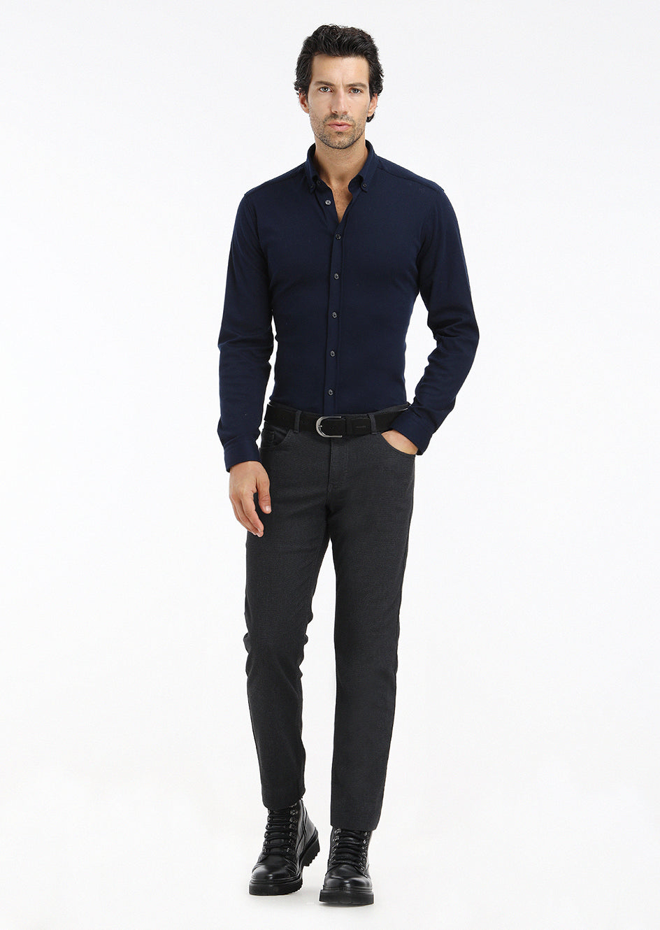 Navy Blue Plain Slim Fit Long Knitting Casual 100% Cotton Shirt