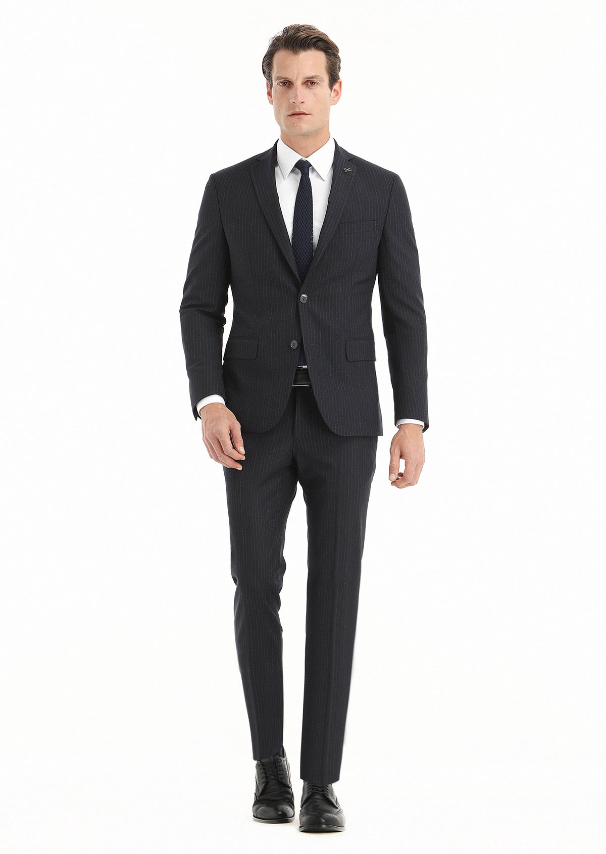 Lacivert Çizgili Zeroweight Slim Fit Yün Karışımlı Takım Elbise