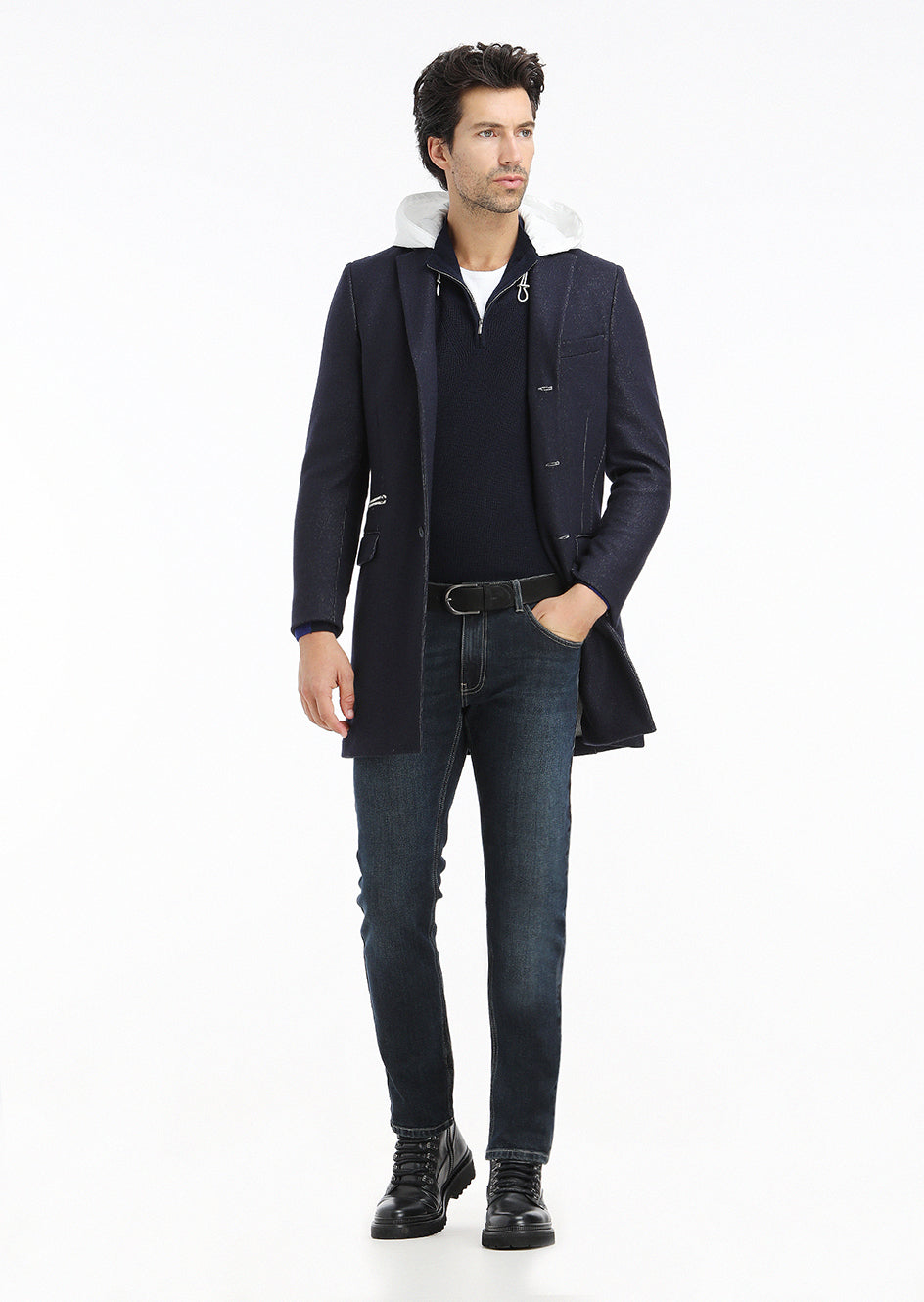 Lacivert Regular Fit Kelebek Yaka Casual Örme Palto