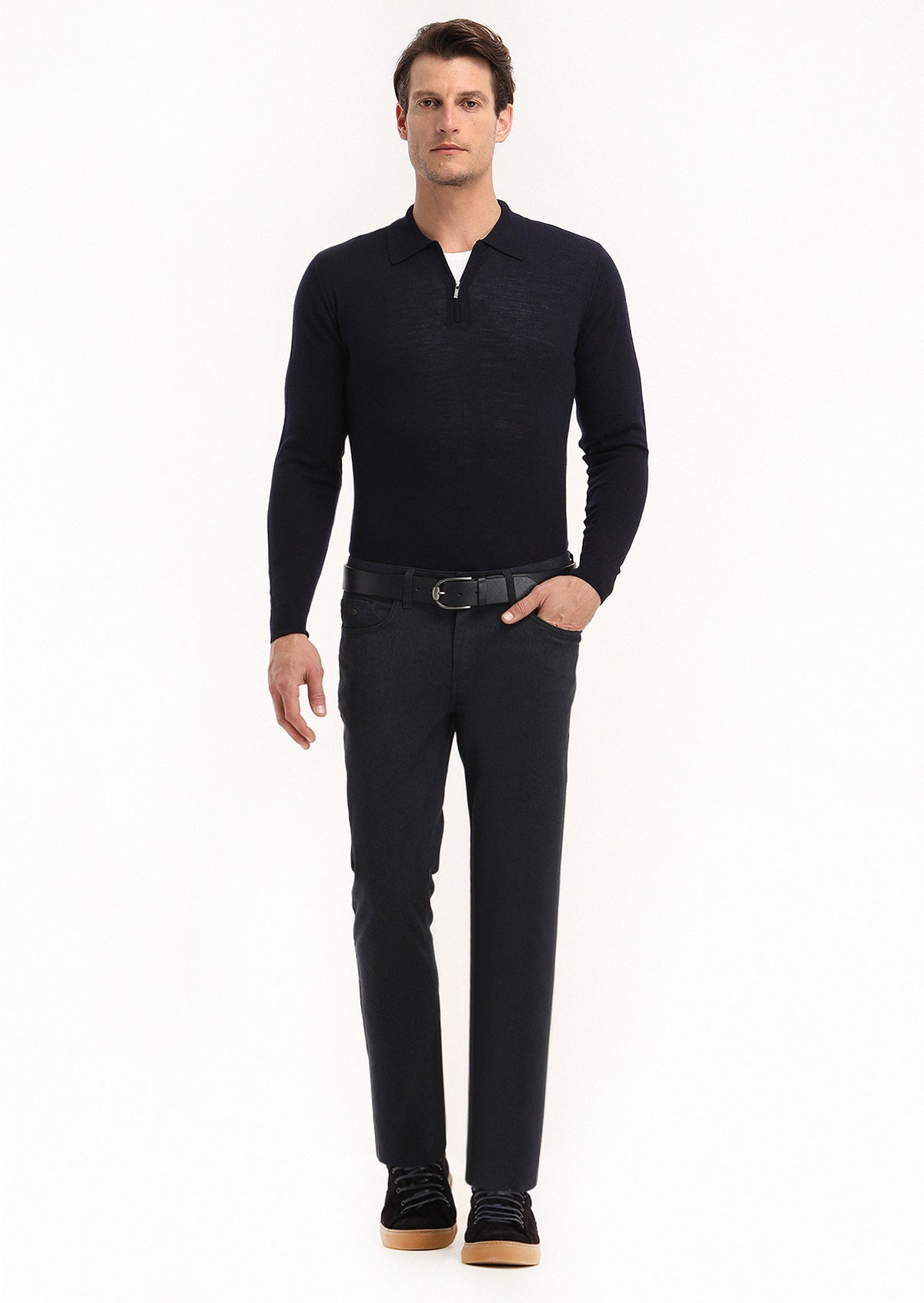 Lacivert Düz Dokuma Slim Fit Casual Pamuk Karışımlı Pantolon