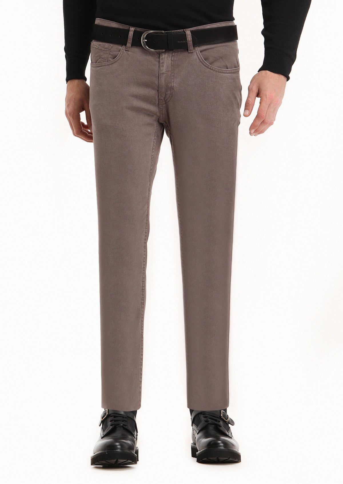 Light Brown Weaving Slim Fit Casual Cotton Blended Trousers