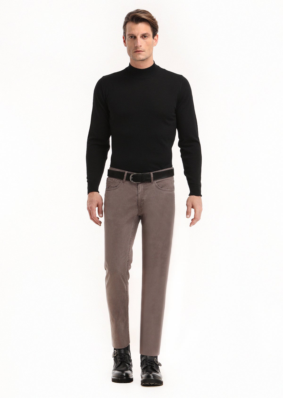 Açık Kahve Düz Dokuma Slim Fit Casual Pamuk Karışımlı Pantolon