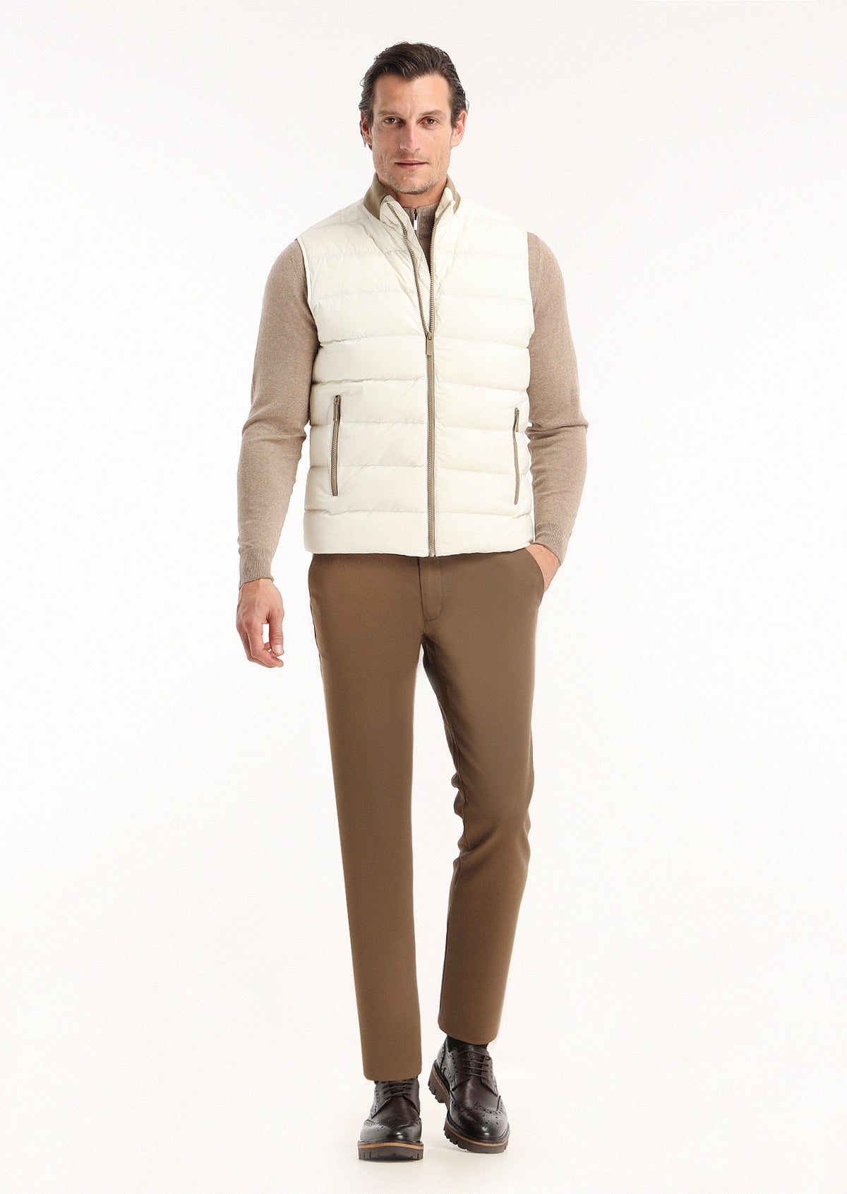 Ecru Regular Fit Turtleneck Weaving Puffer Vest