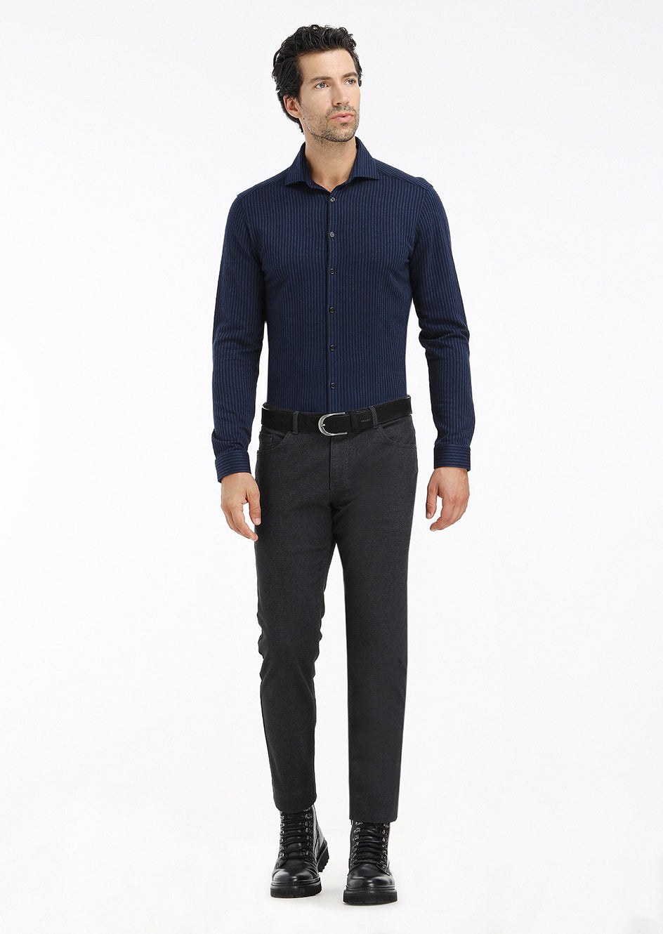 Navy Blue Striped Slim Fit Long Knitting Casual 100% Cotton Shirt