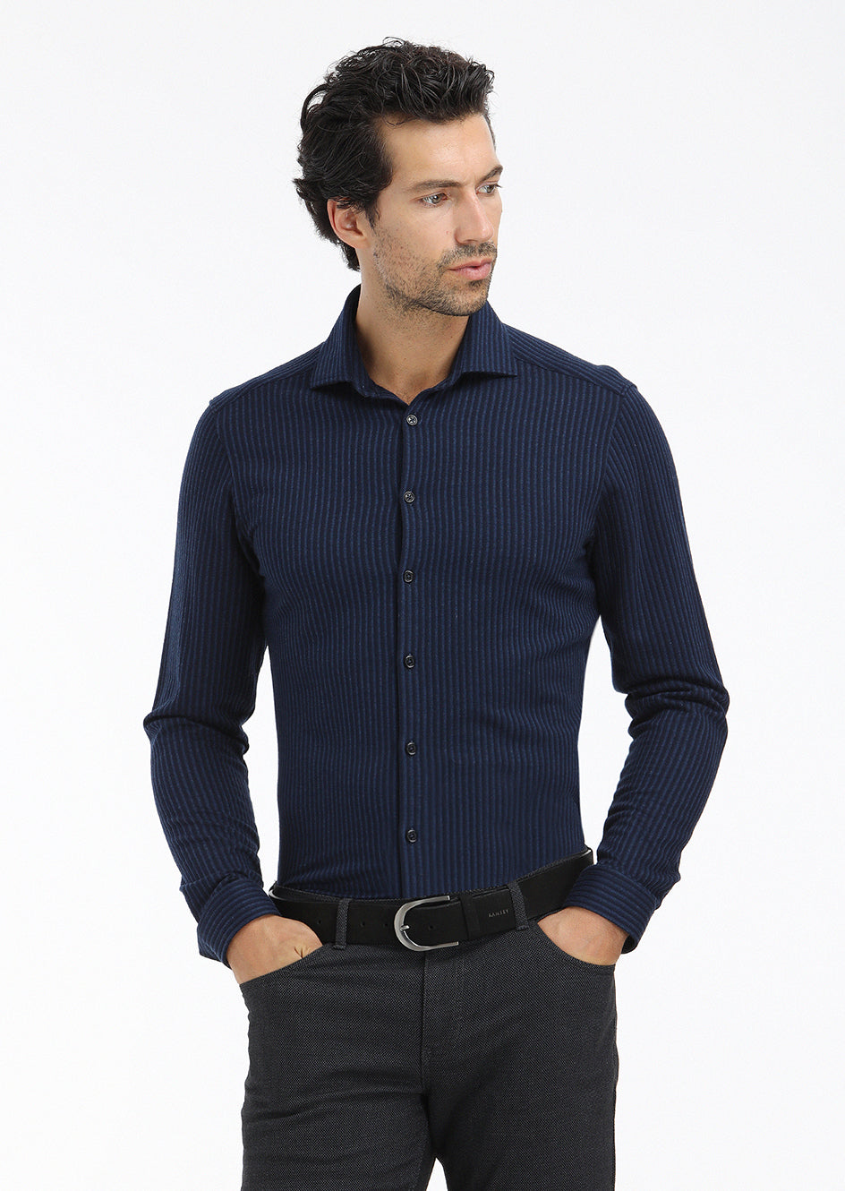 Lacivert Çizgili Slim Fit Uzun Casual %100 Pamuk Gömlek