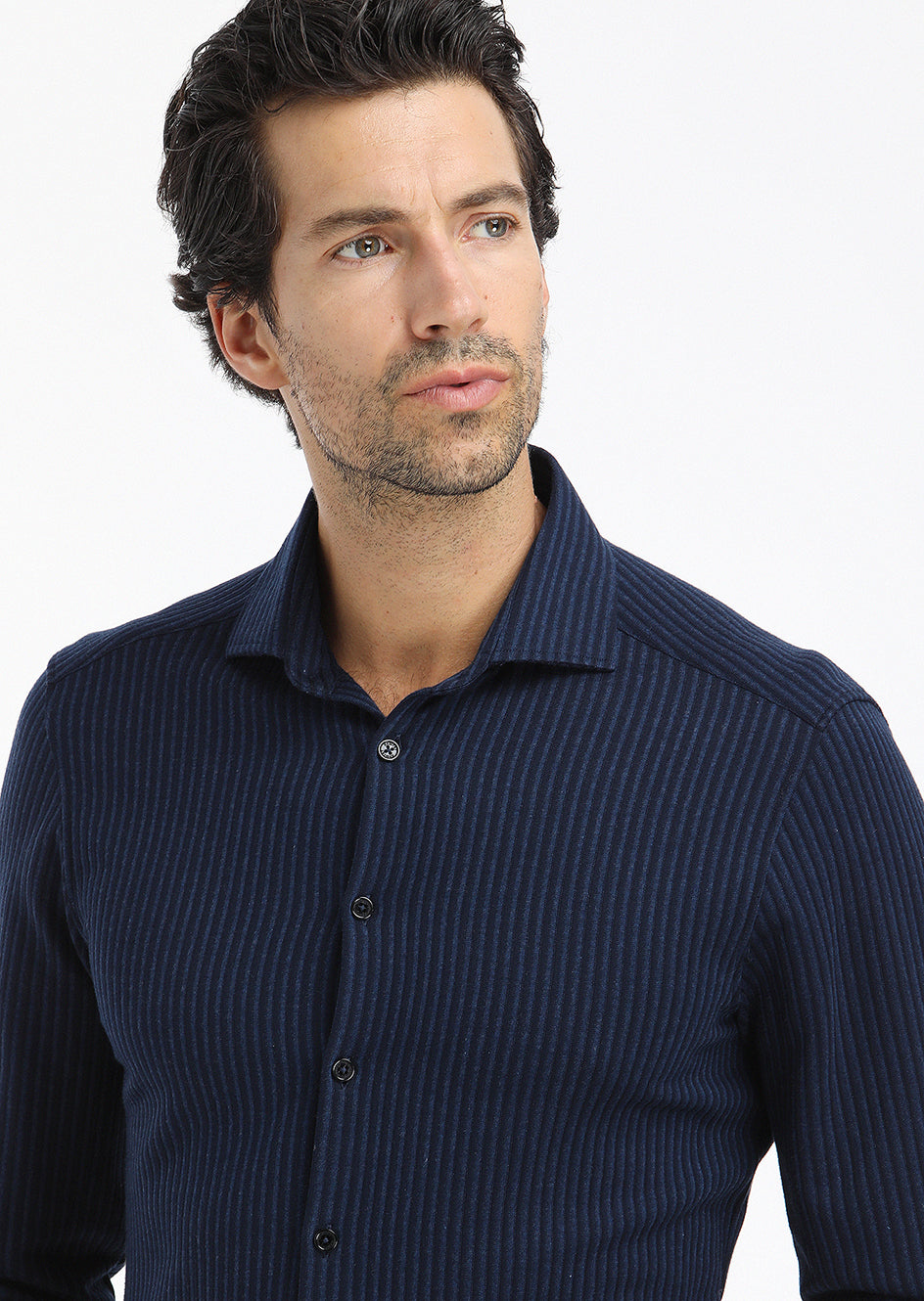 Lacivert Çizgili Slim Fit Uzun Casual %100 Pamuk Gömlek