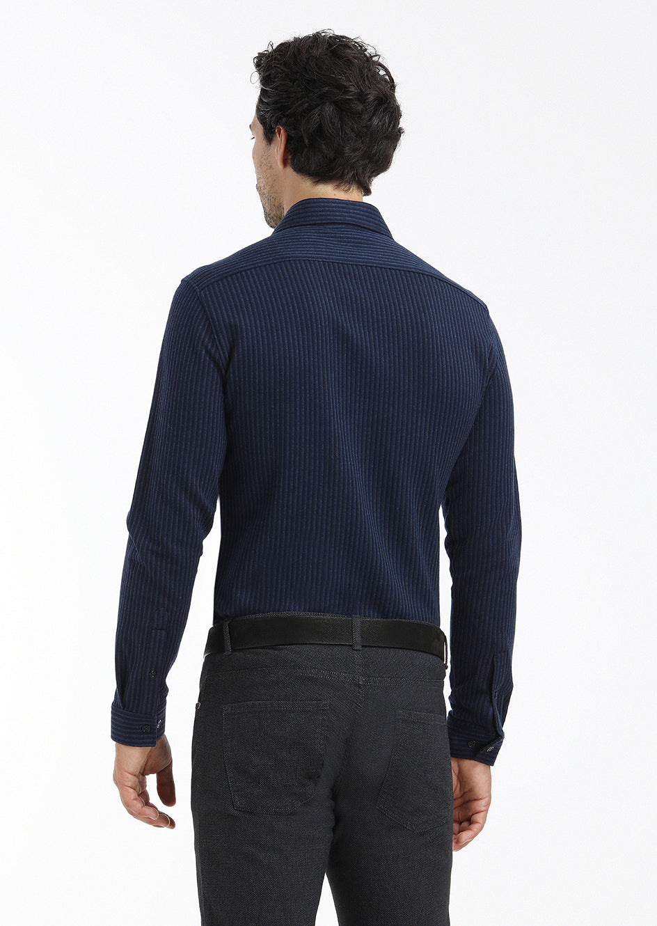 Lacivert Çizgili Slim Fit Uzun Casual %100 Pamuk Gömlek