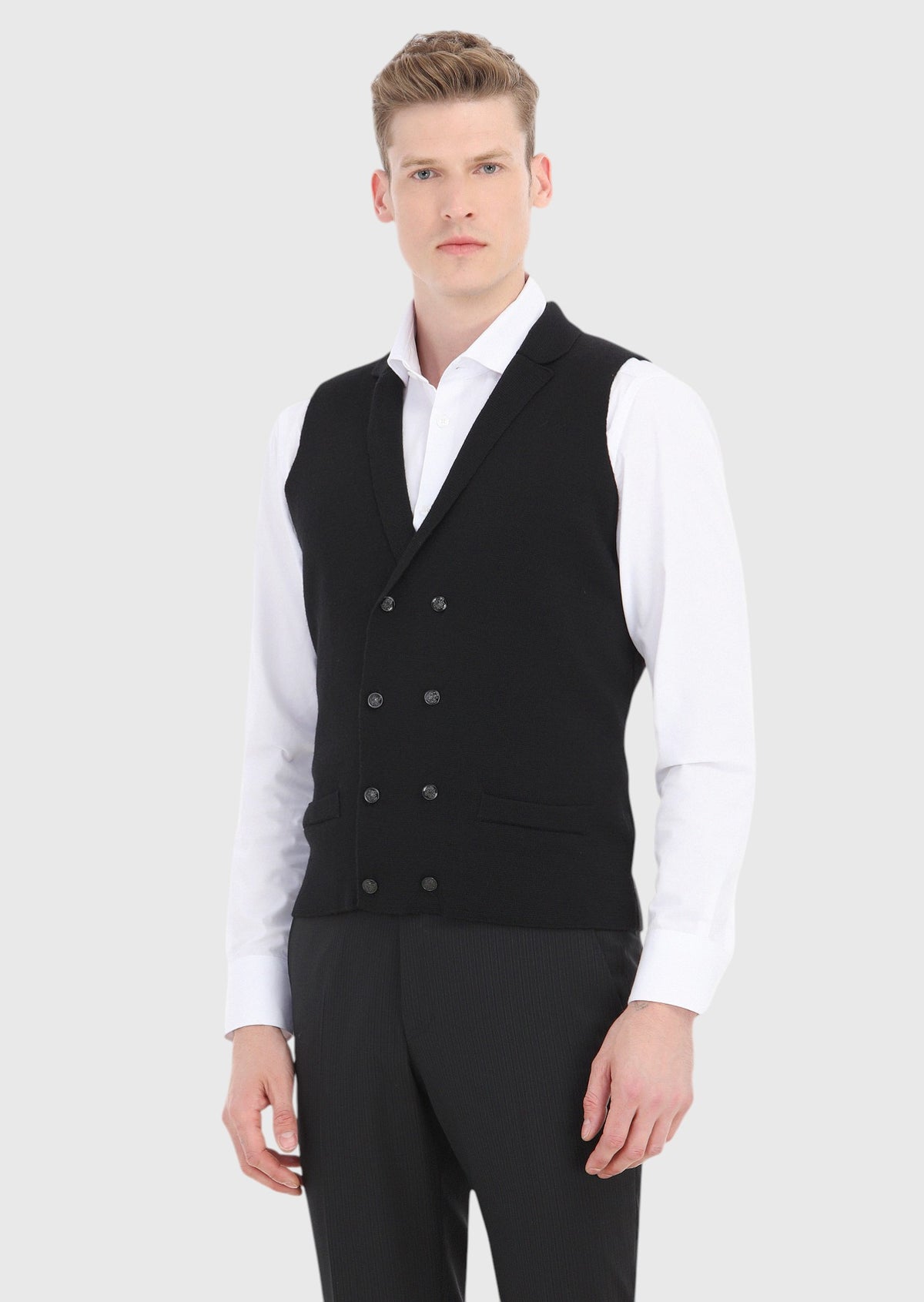 Siyah Regular Fit Kelebek Yaka Casual Örme Triko Yelek