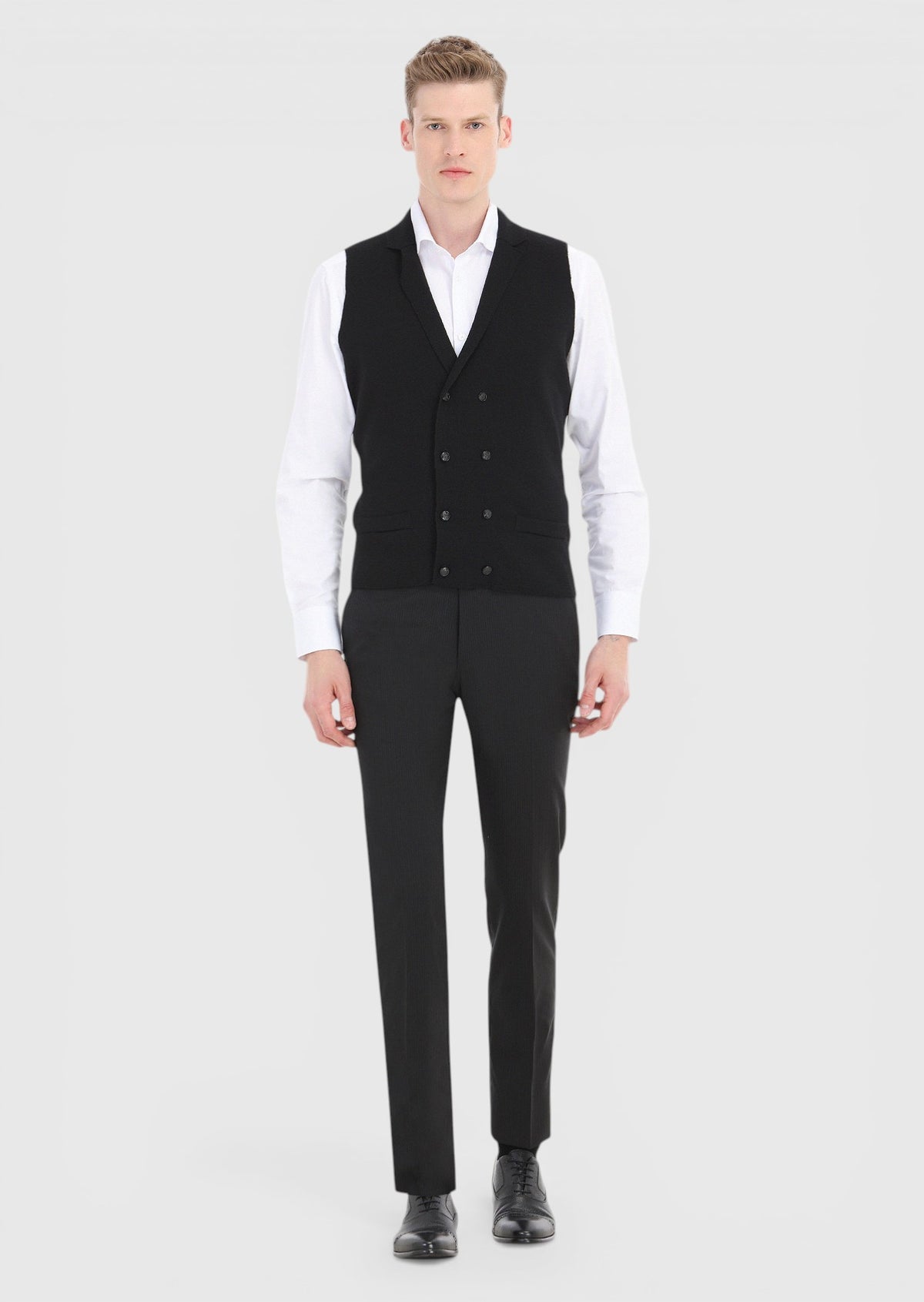 Siyah Regular Fit Kelebek Yaka Casual Örme Triko Yelek