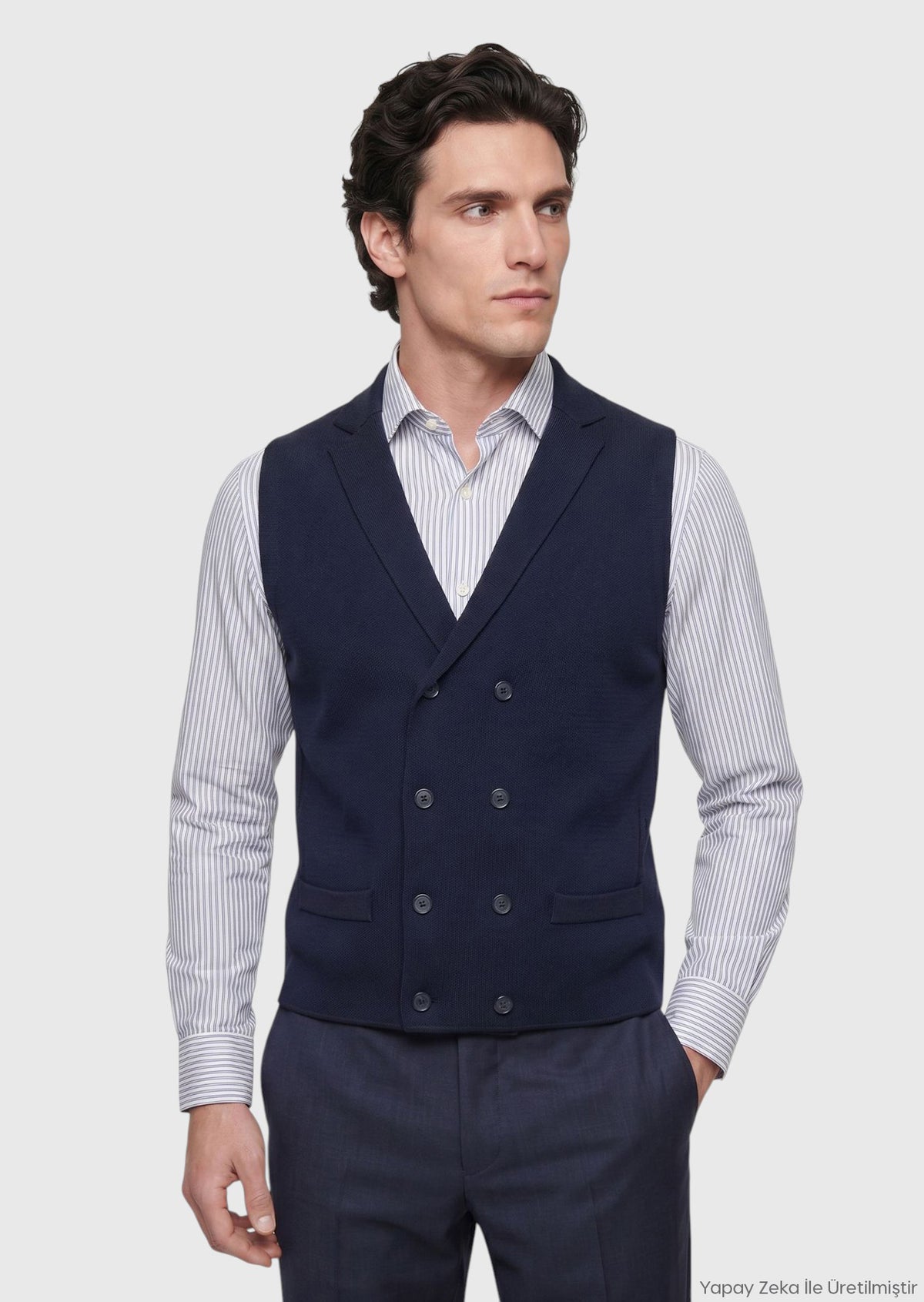 Lacivert Regular Fit Kelebek Yaka Casual Örme Triko Yelek
