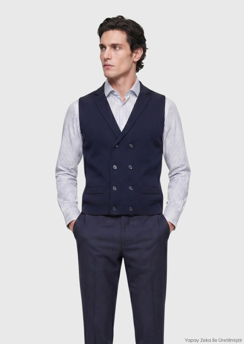 Lacivert Regular Fit Kelebek Yaka Casual Örme Triko Yelek