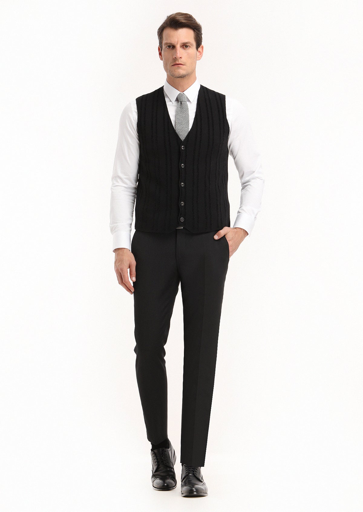Siyah Regular Fit V Yaka Casual Örme Triko Yelek