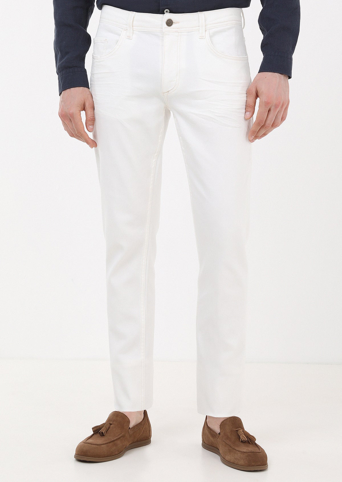 Ekru Düz Slim Fit Denim Pamuk Karışımlı Pantolon