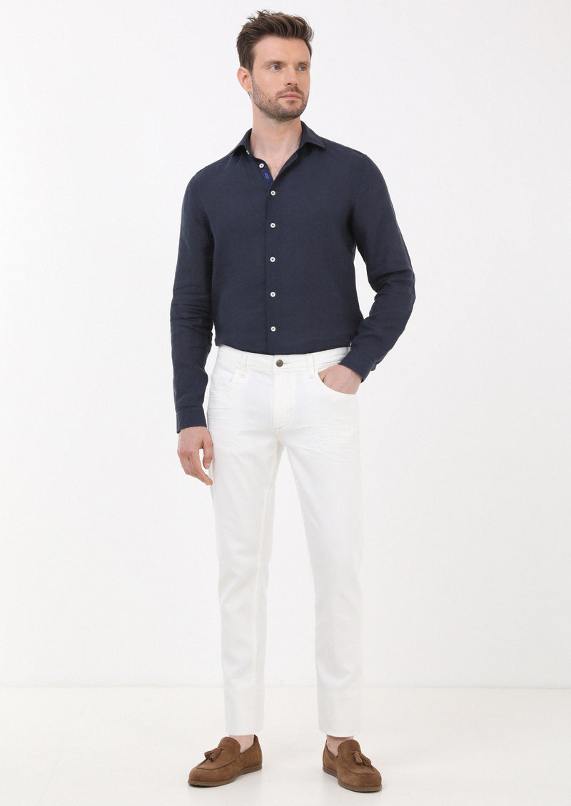 Ekru Düz Slim Fit Denim Pamuk Karışımlı Pantolon