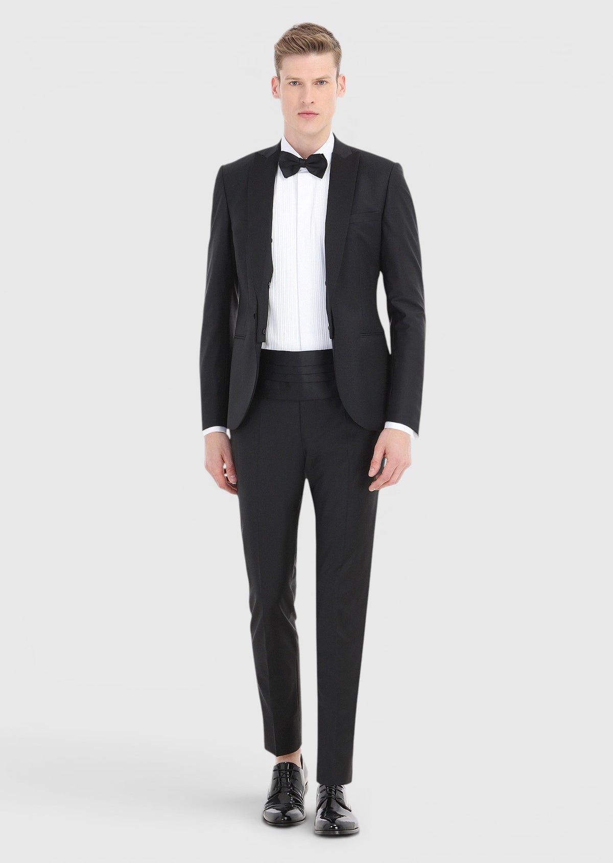 Siyah Düz Fashion Slim Fit Kruvaze Yaka Dokuma Smokin Takım Elbise