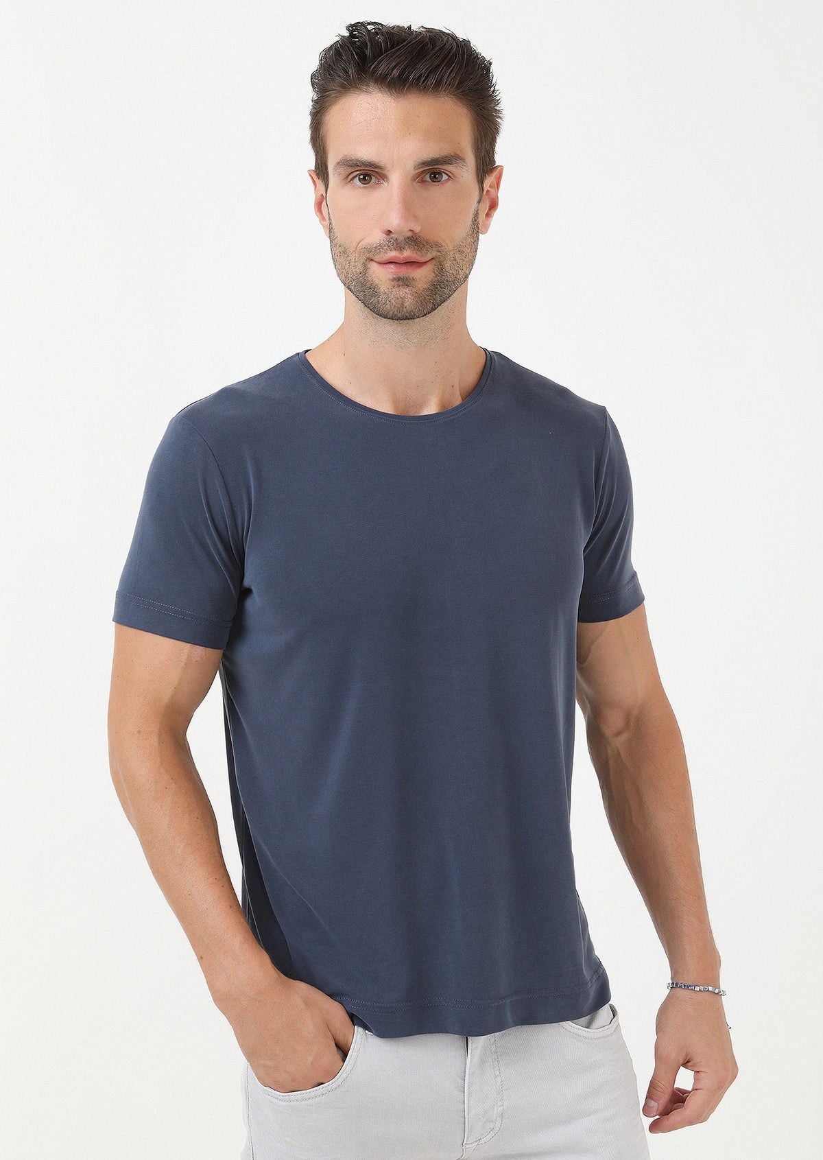 İndigo Düz Bisiklet Yaka %100 Pamuk T-Shirt