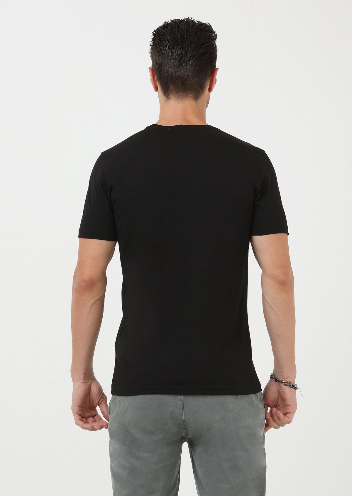 Siyah Düz Bisiklet Yaka %100 Pamuk T-Shirt