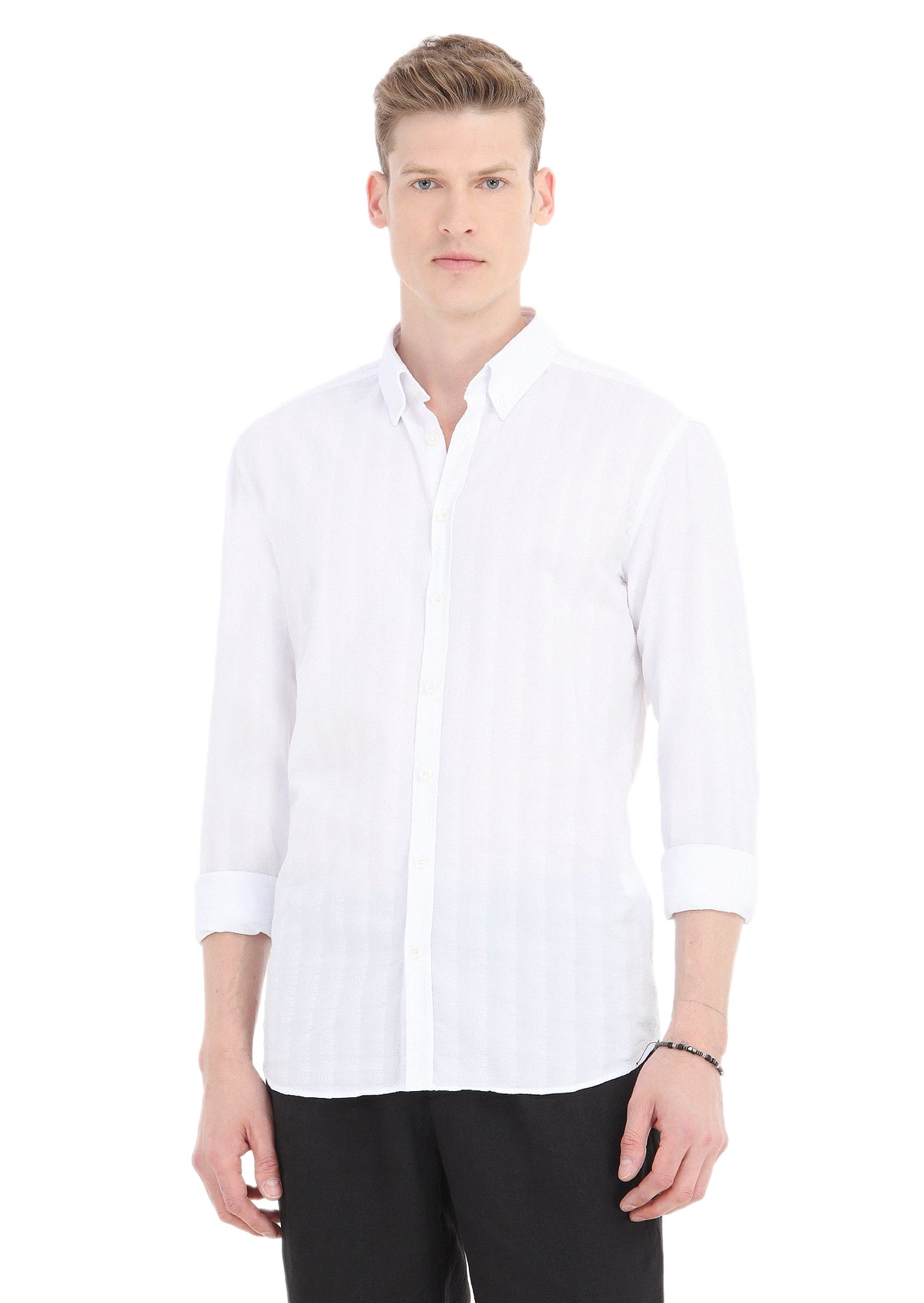 Beyaz Çizgili Regular Fit Uzun Dokuma Casual Pamuk Karışımlı Gömlek