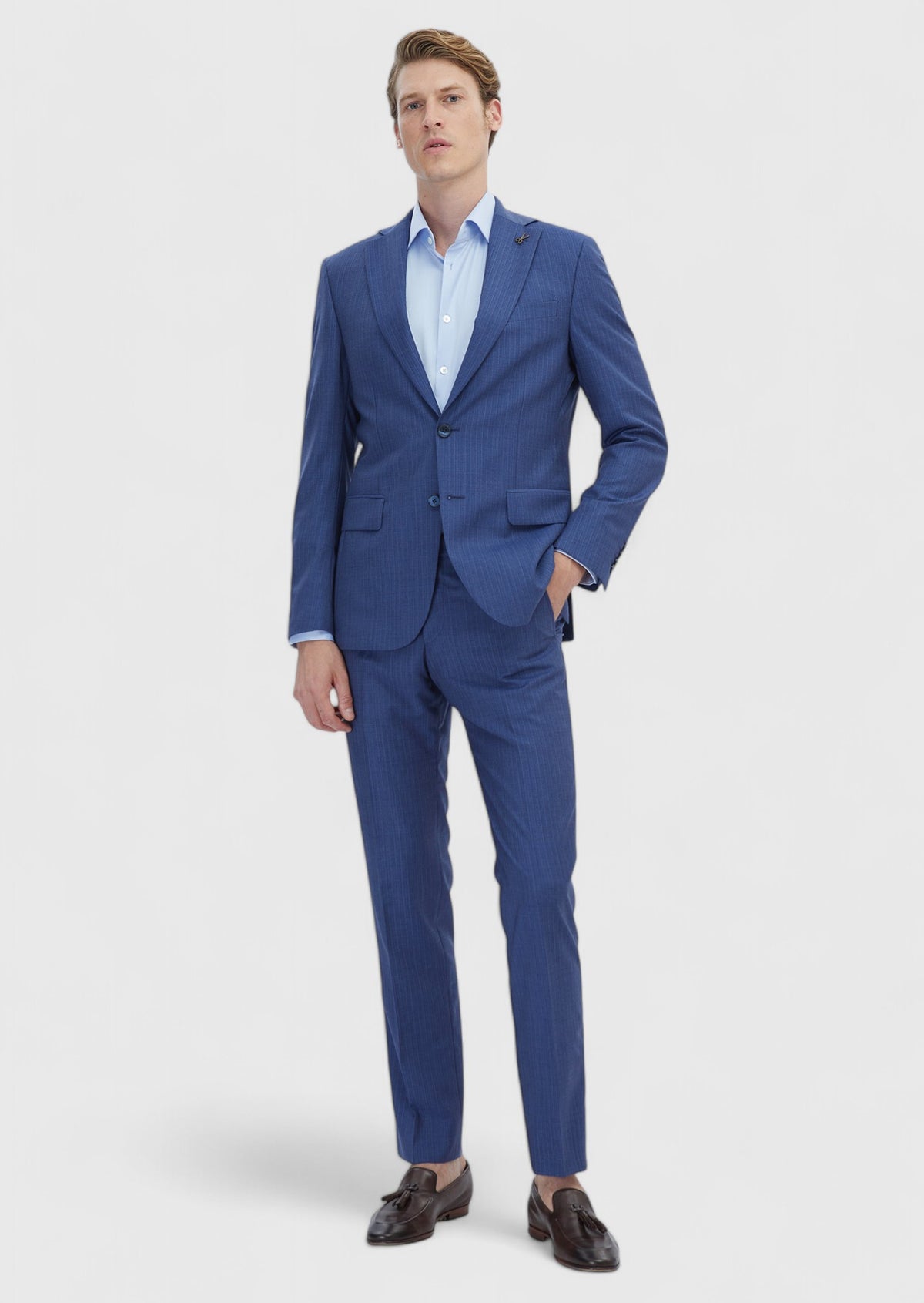 Mavi Çizgili Modern Fit %100 Yün Takım Elbise