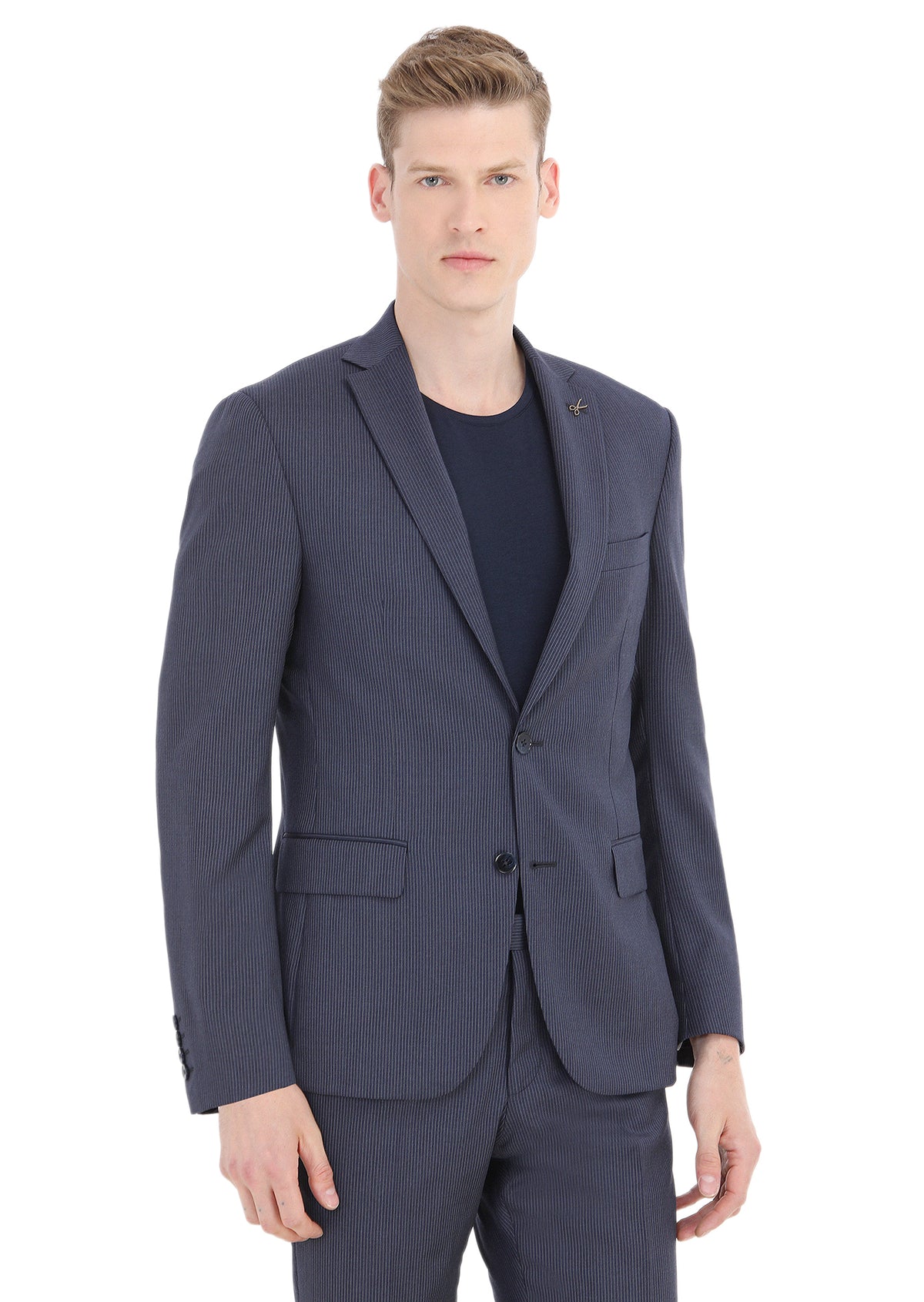 Mavi Çizgili Zeroweight Slim Fit Yün Karışımlı Takım Elbise