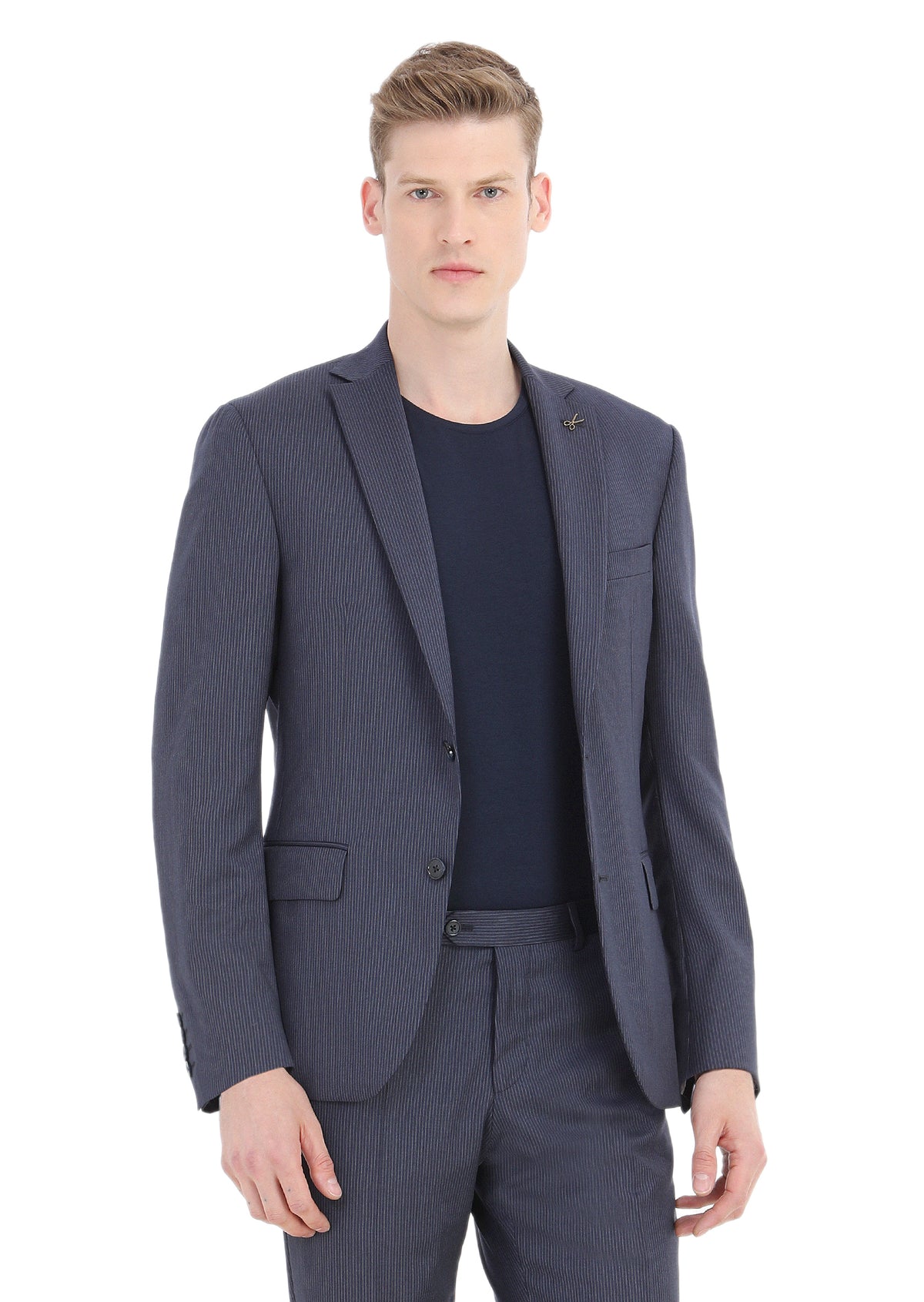 Mavi Çizgili Zeroweight Slim Fit Yün Karışımlı Takım Elbise