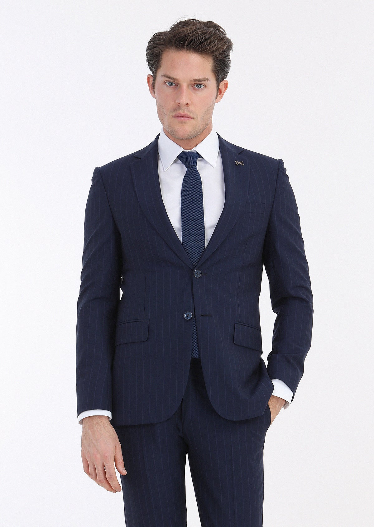 Lacivert Çizgili Thin&taller Slim Fit Yün Karışımlı Takım Elbise