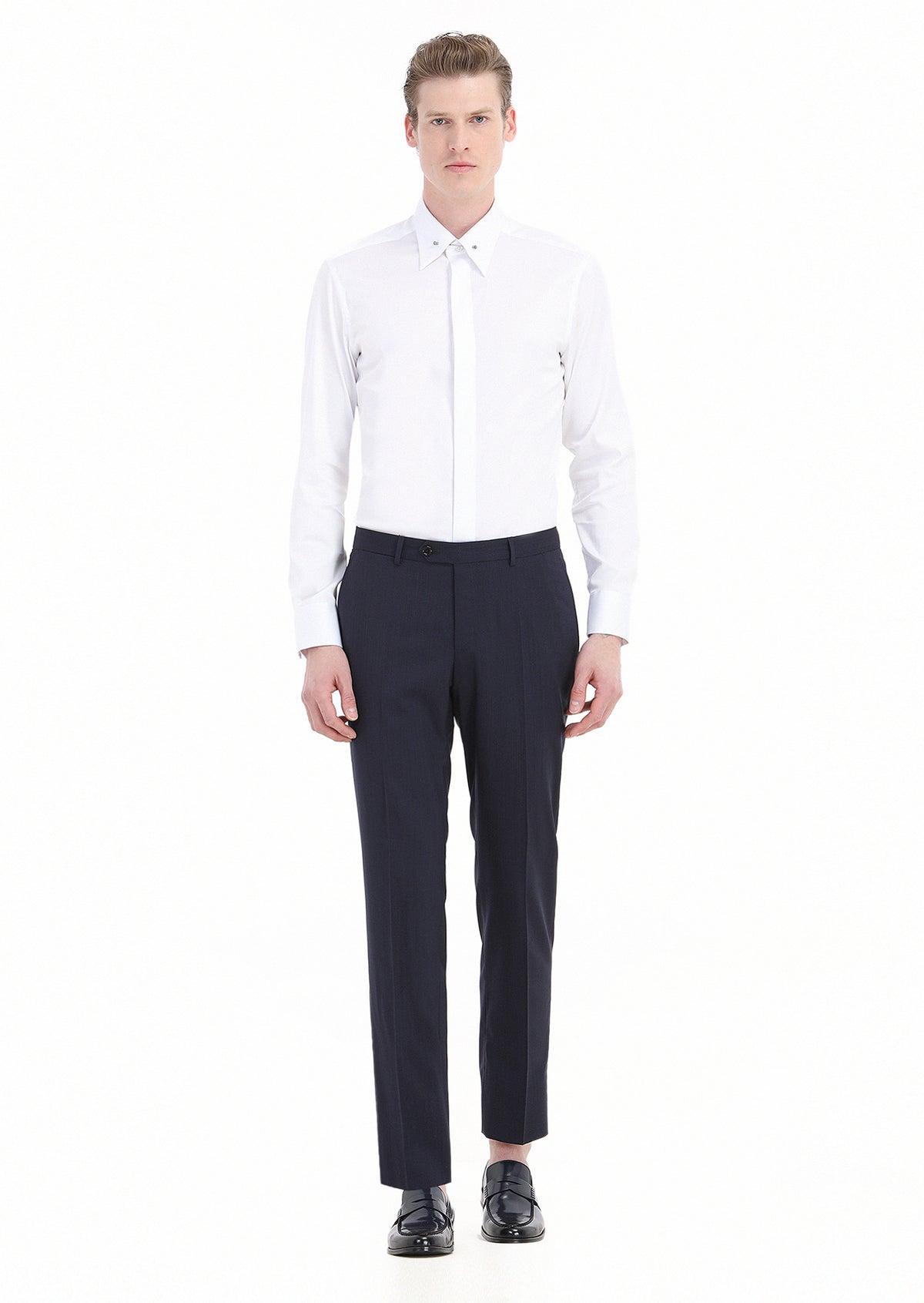Beyaz Düz Slim Fit Uzun Dokuma Klasik Pamuk Karışımlı Gömlek