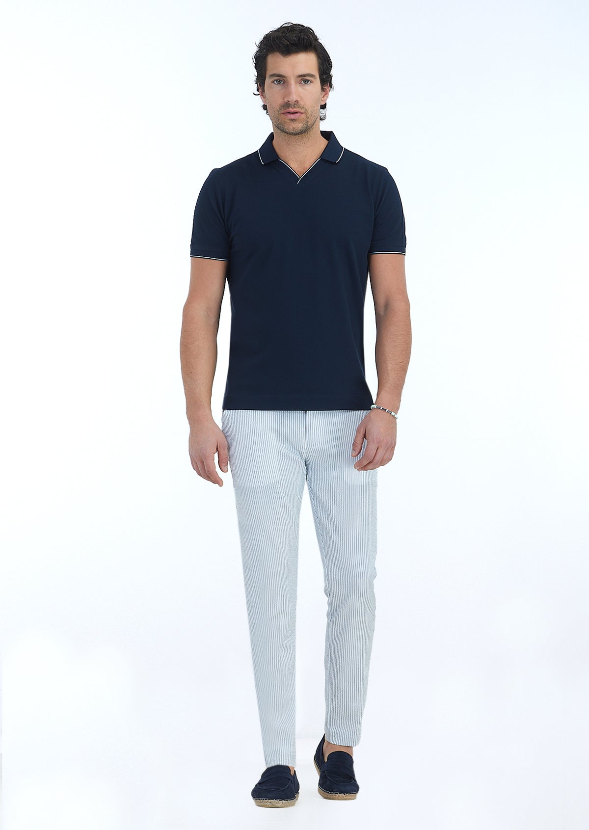 Lacivert Jakarlı Polo Yaka %100 Pamuk T-Shirt