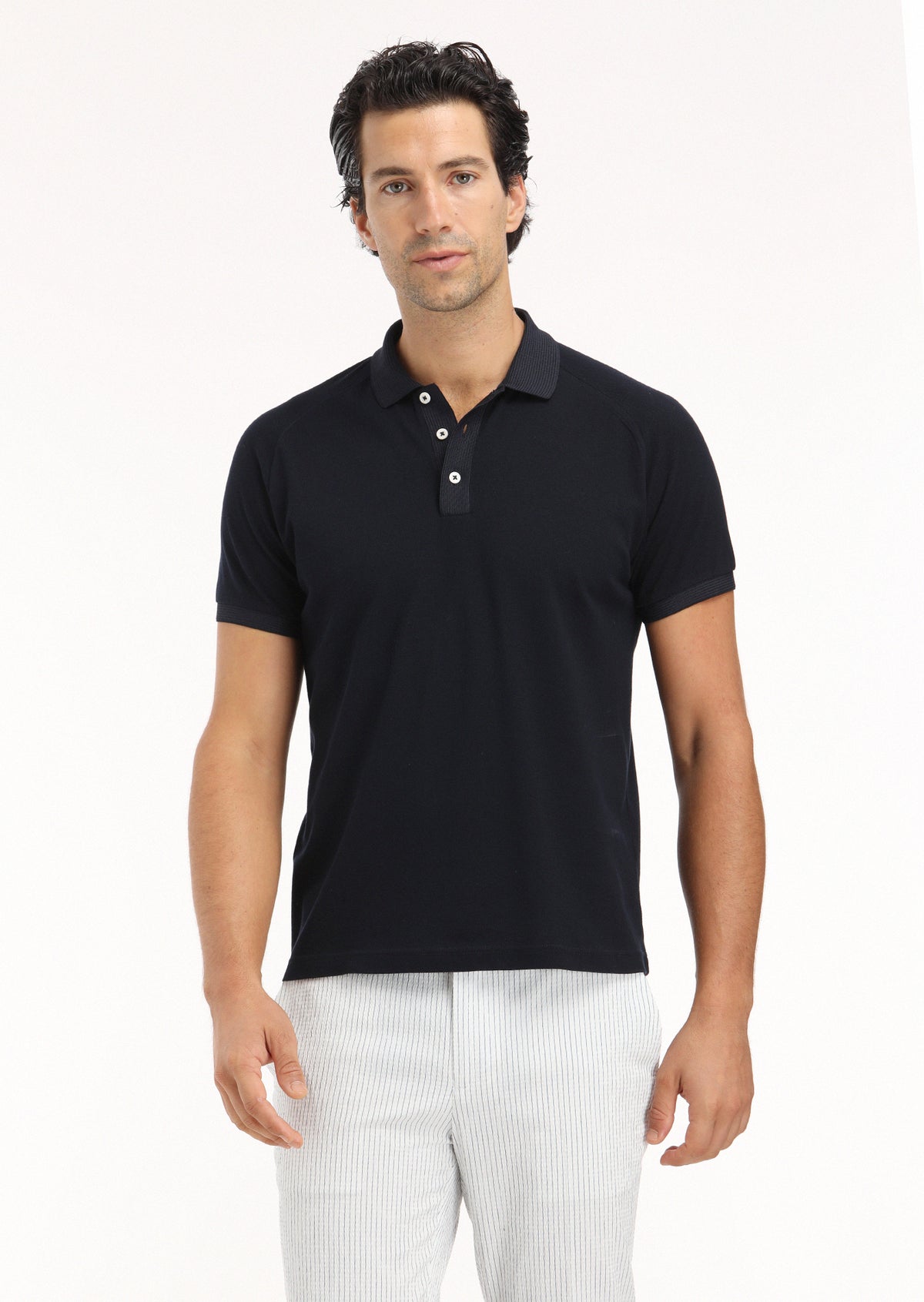 Lacivert Jakarlı Polo Yaka %100 Pamuk T-Shirt