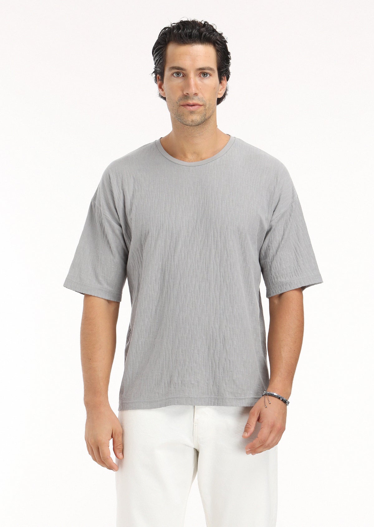 Gri Jakarlı Bisiklet Yaka %100 Pamuk T-Shirt