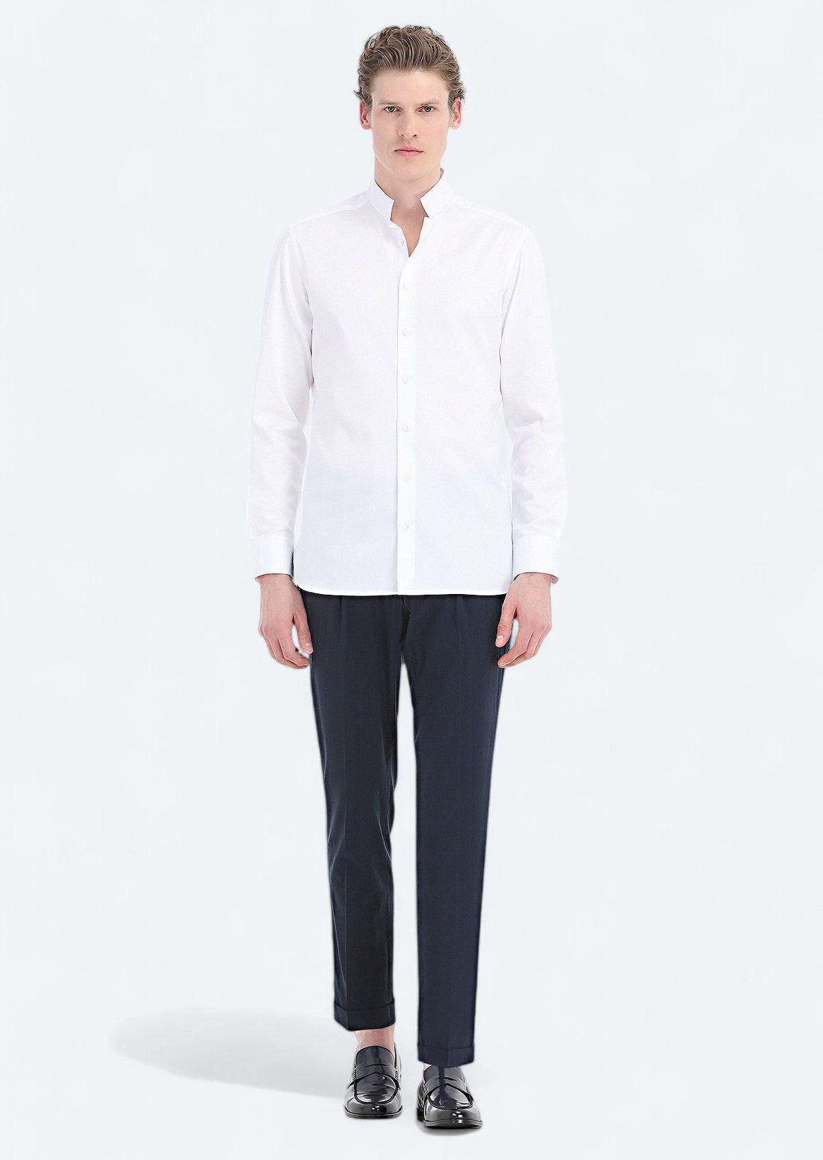 Beyaz Düz Slim Fit Uzun Dokuma Klasik Pamuk Karışımlı Gömlek