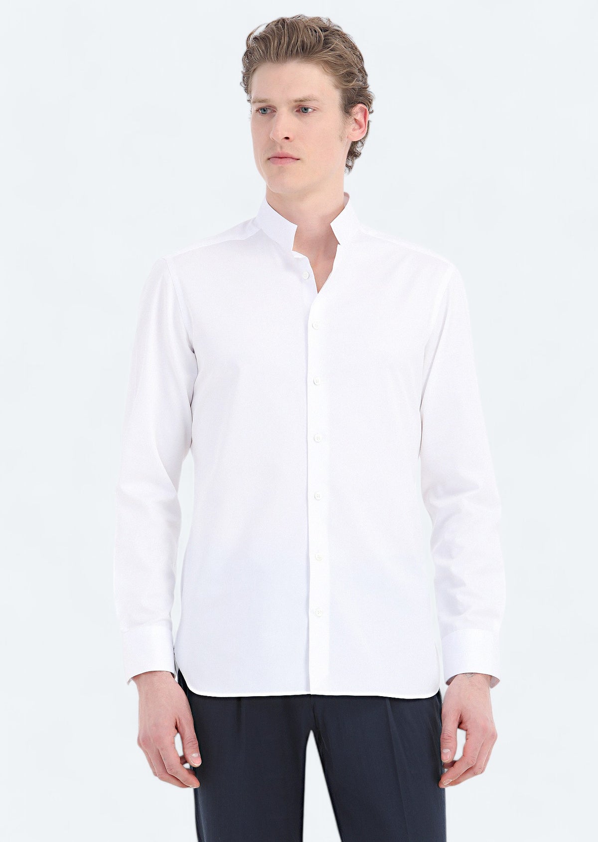 Beyaz Düz Slim Fit Uzun Dokuma Klasik Pamuk Karışımlı Gömlek