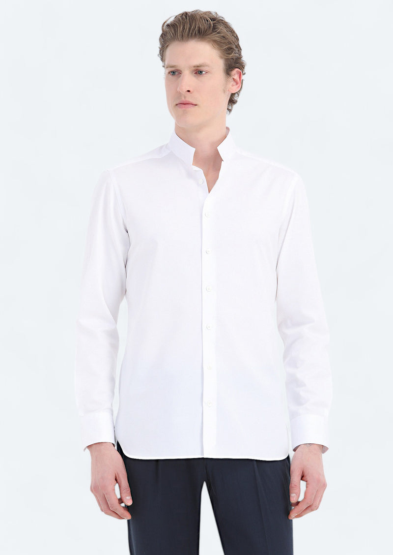 Beyaz Düz Slim Fit Uzun Dokuma Klasik Pamuk Karışımlı Gömlek