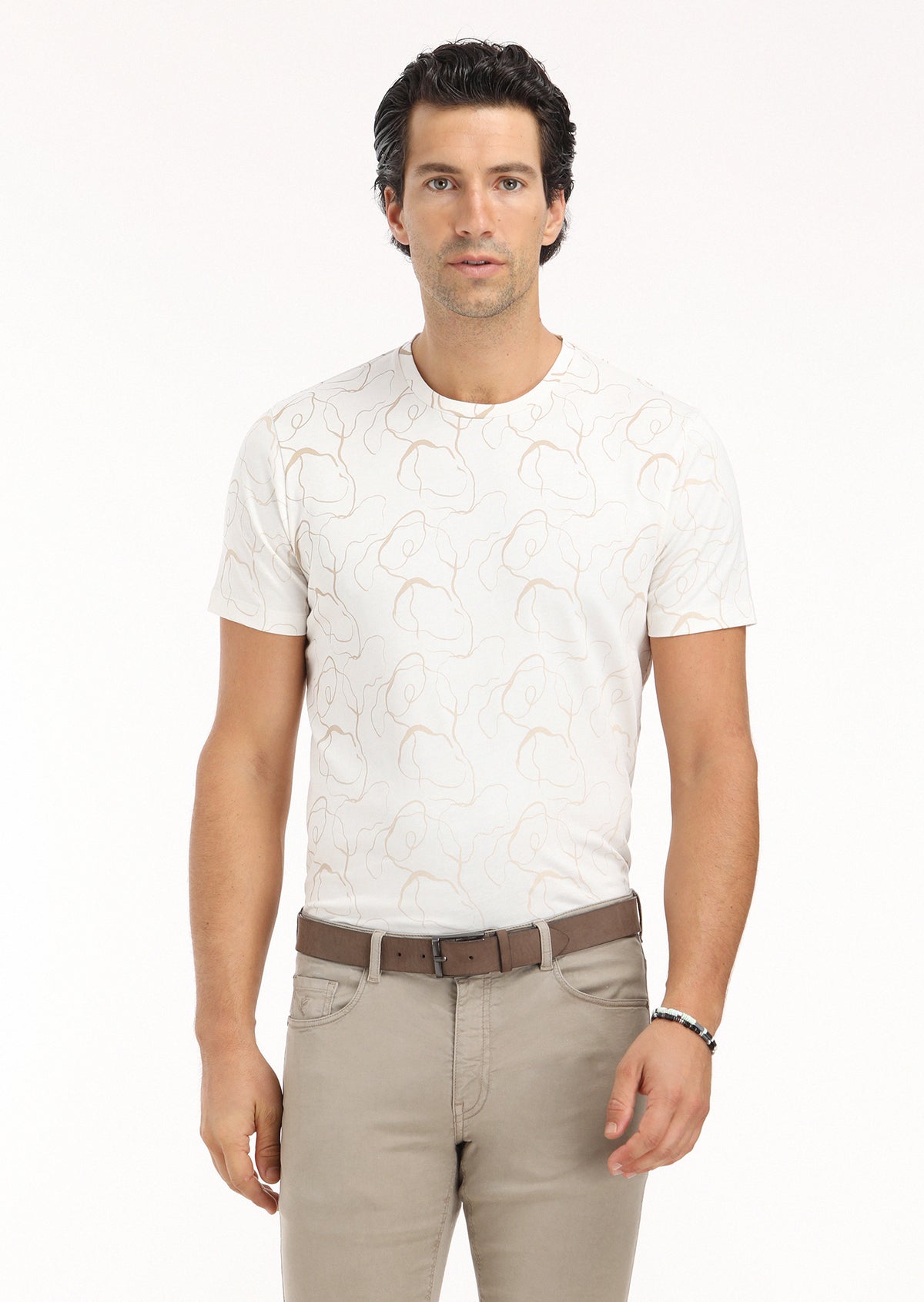 Ekru Baskılı Bisiklet Yaka %100 Pamuk T-Shirt