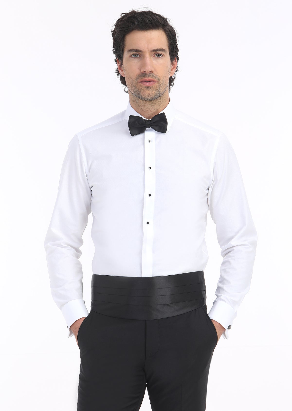 Beyaz Düz Slim Fit Duble Manşet Klasik Yaka Smokin Gömlek