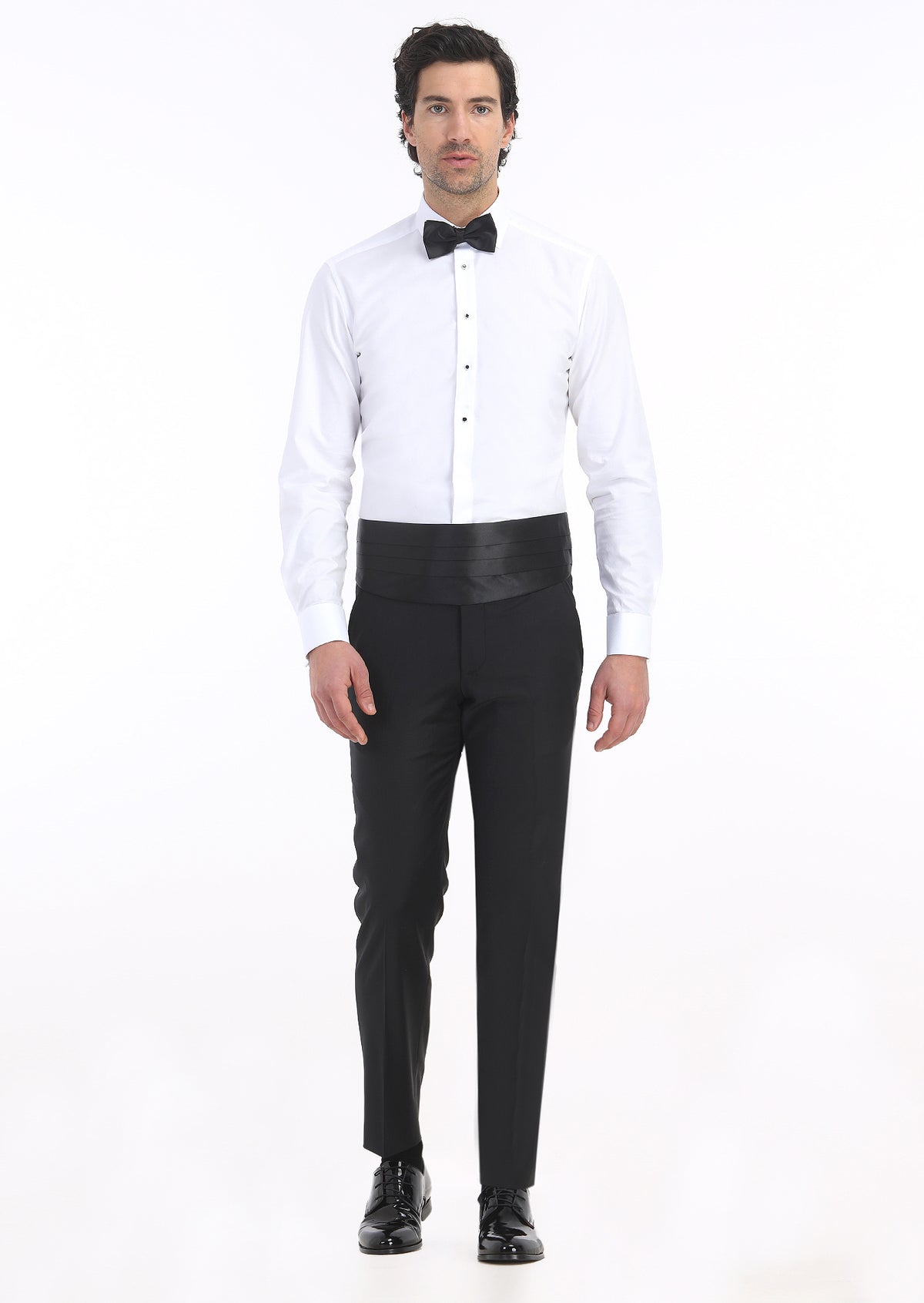 Beyaz Düz Slim Fit Duble Manşet Klasik Yaka Smokin Gömlek