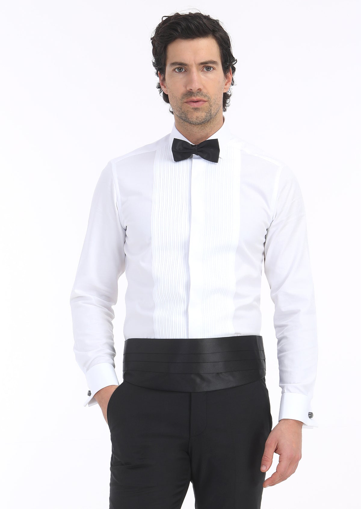 Beyaz Düz Slim Fit Duble Manşet Klasik Yaka Smokin Gömlek