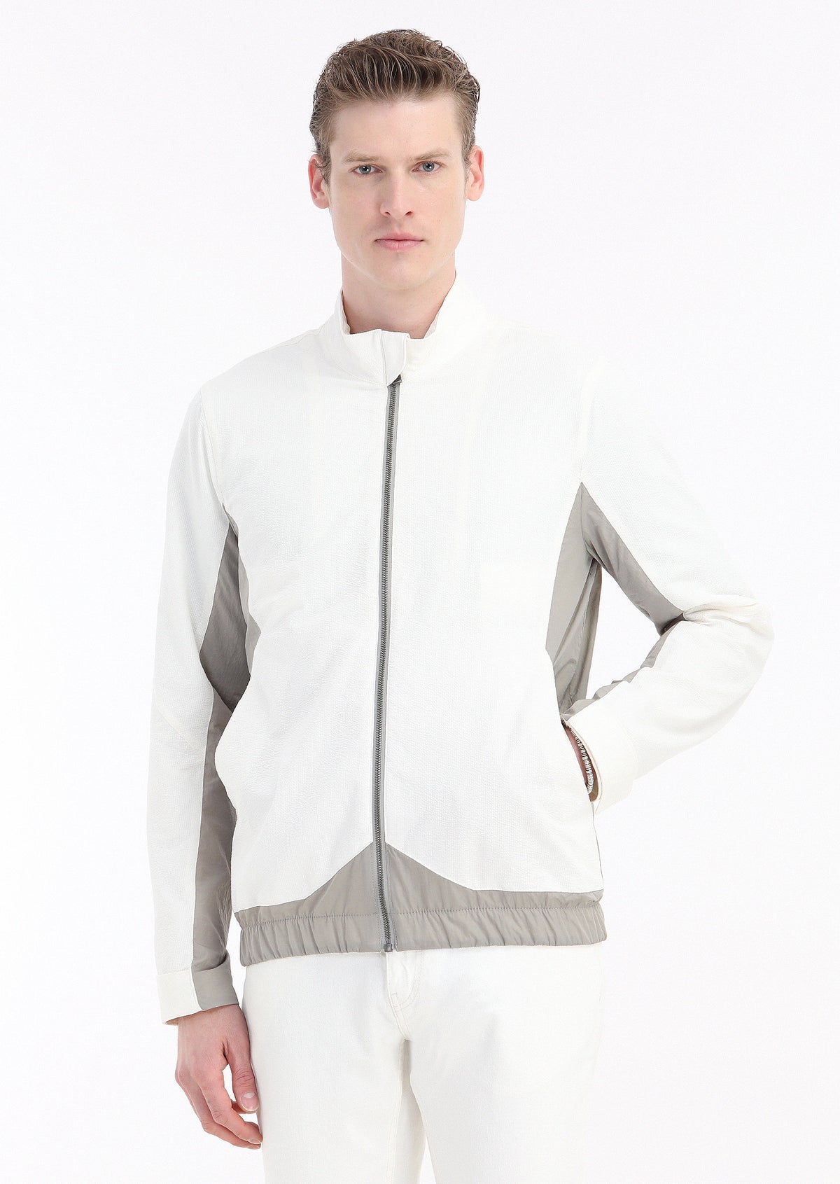 Beyaz Regular Fit Dik Yaka Casual Dokuma Mont
