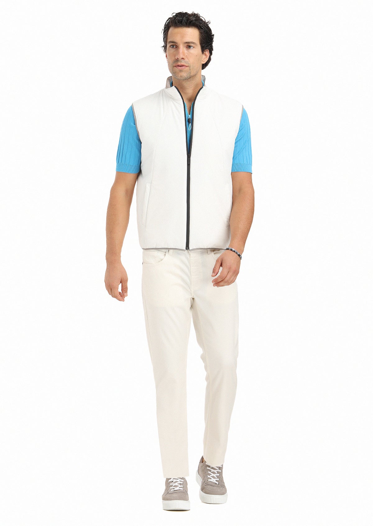 Ekru Regular Fit Dik Yaka Casual Dokuma Spor Yelek