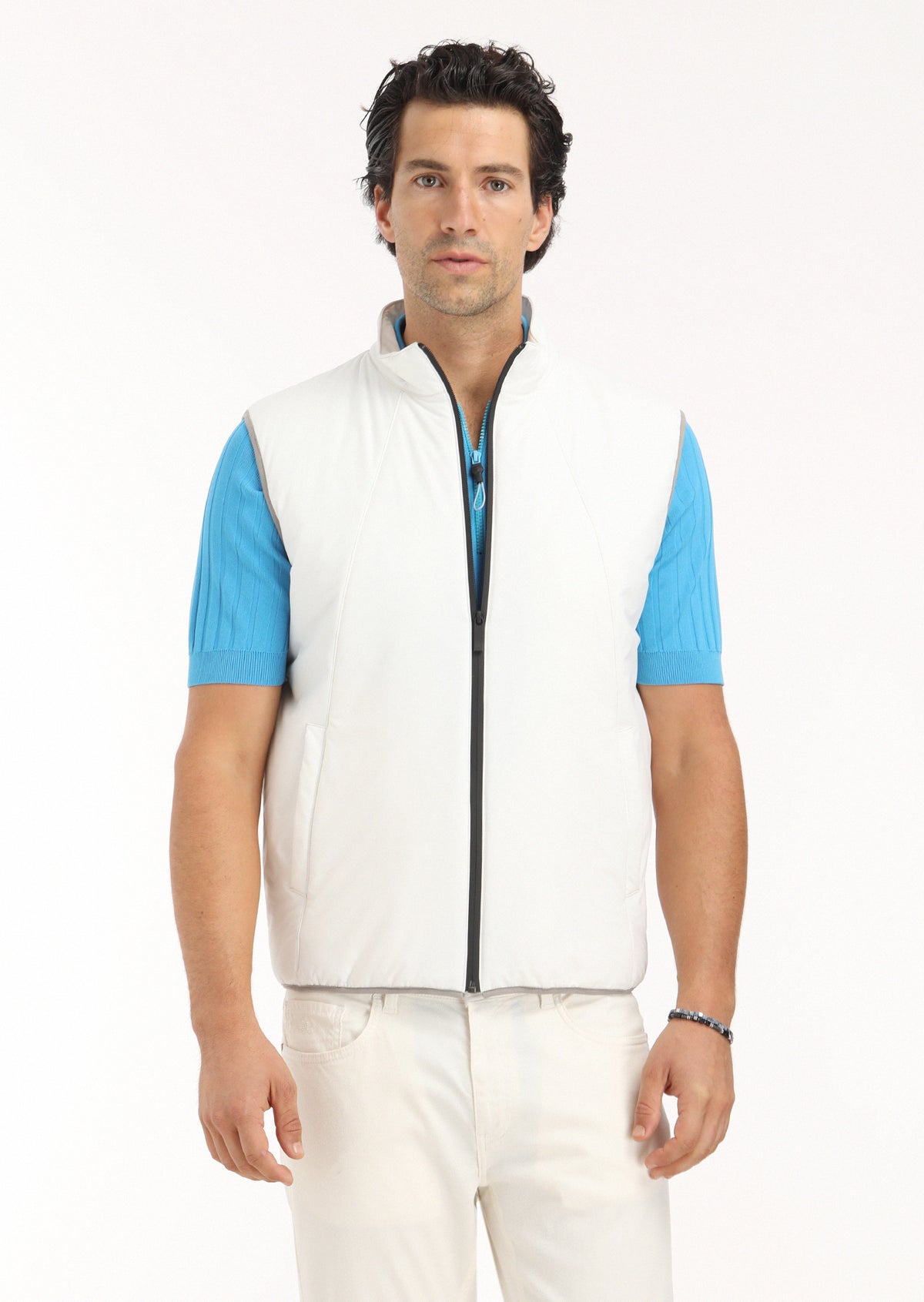 Ekru Regular Fit Dik Yaka Casual Dokuma Spor Yelek