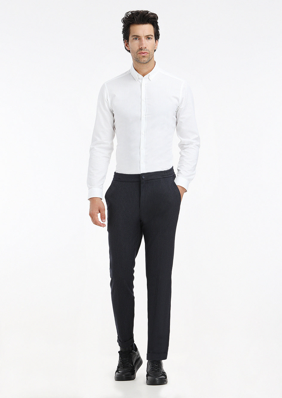 White Ribbed Regular Fit Long Weaving Casual 100% Cotton Shirt