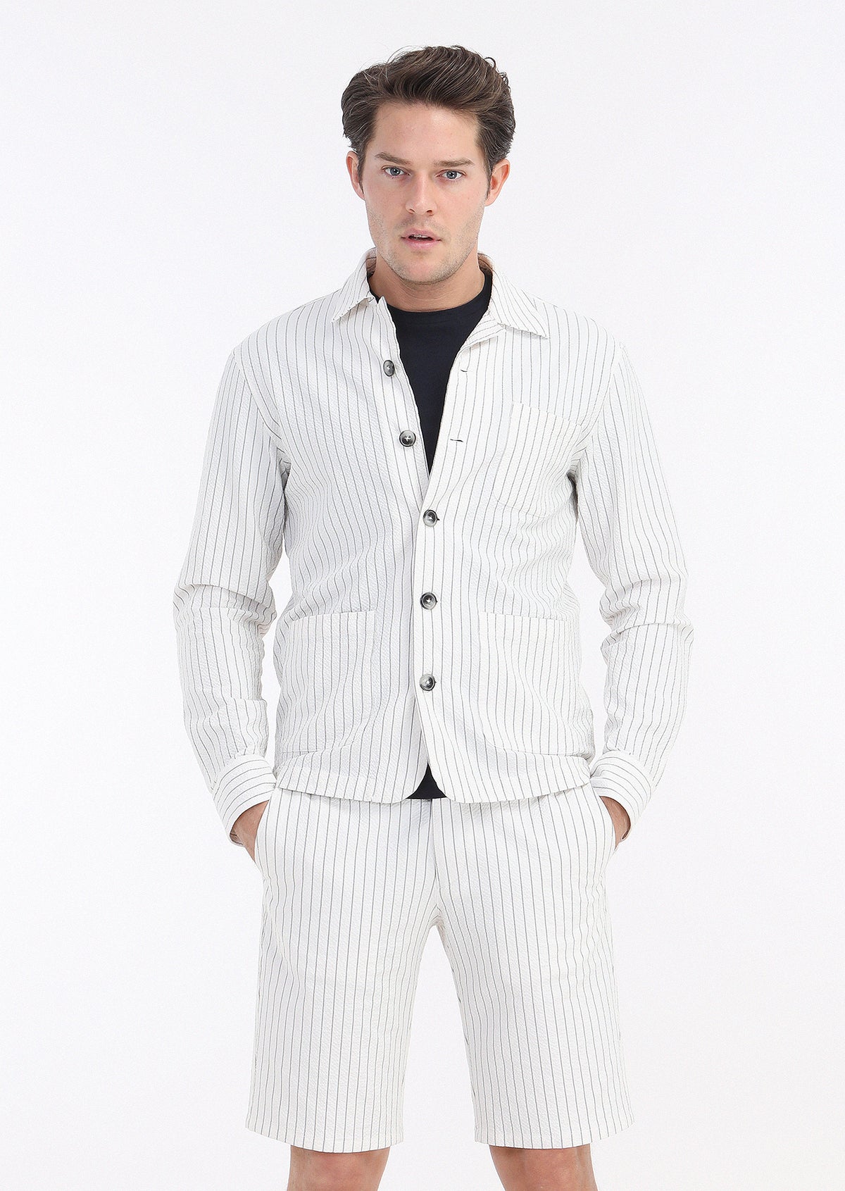 Beyaz Çizgili Casual Fit Uzun Dokuma Pamuk Karışımlı Overshırt