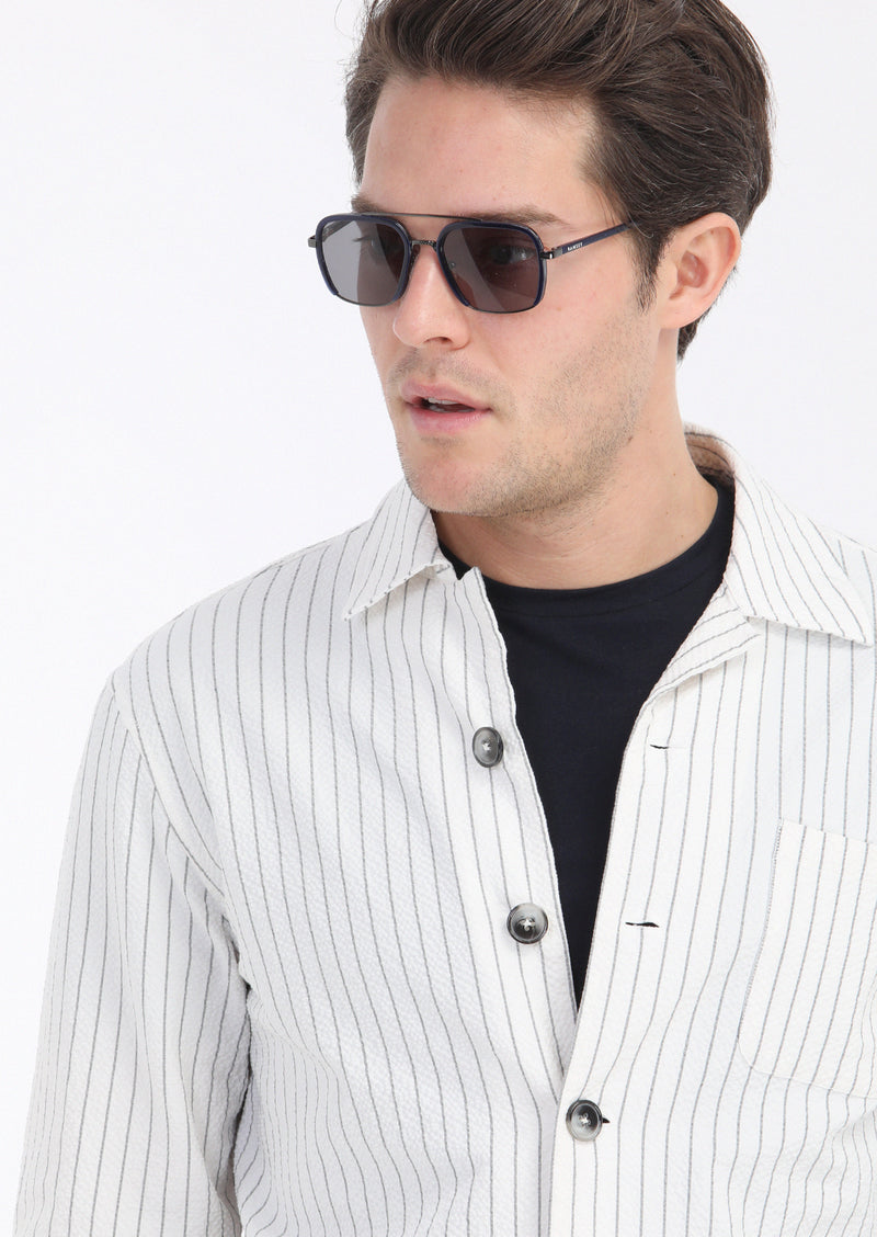 Beyaz Çizgili Casual Fit Uzun Dokuma Pamuk Karışımlı Overshırt
