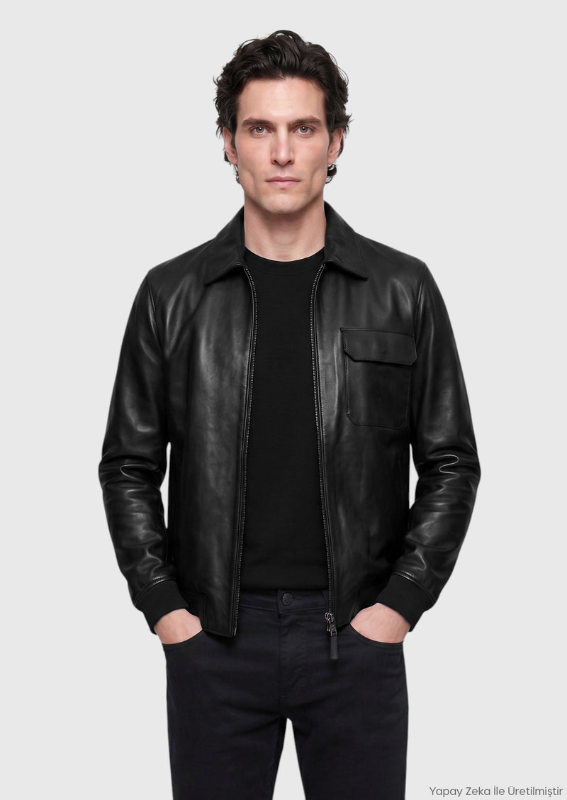 Siyah Regular Fit Gömlek Yaka Casual Deri Deri Mont