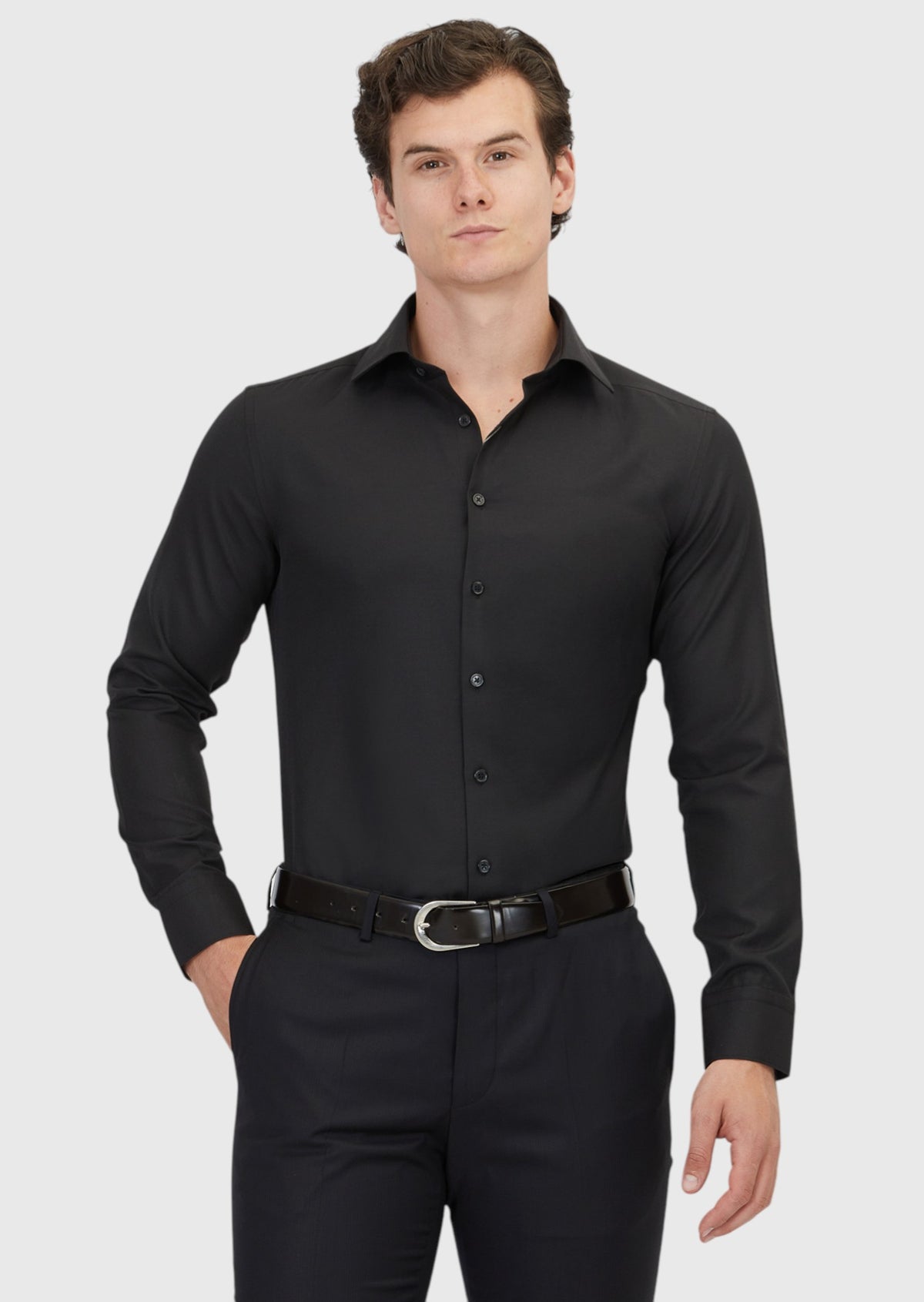 Siyah Düz Slim Fit Uzun Dokuma Klasik Pamuk Karışımlı Gömlek