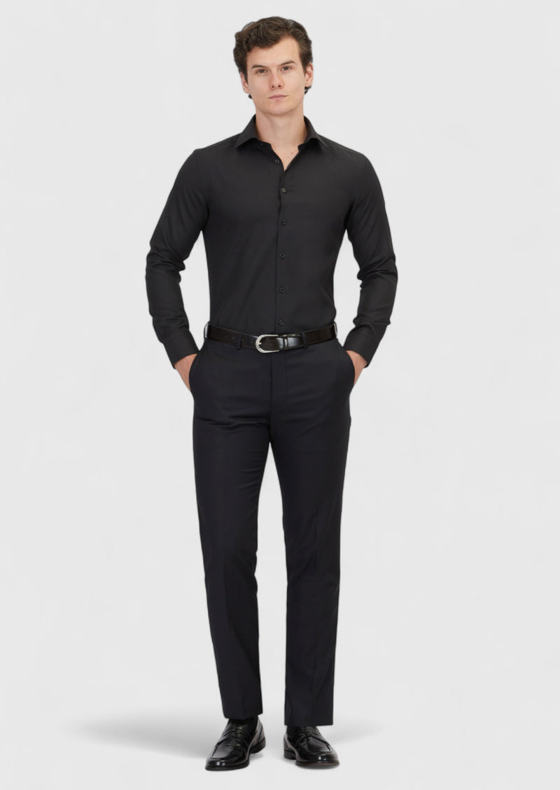 Siyah Düz Slim Fit Uzun Dokuma Klasik Pamuk Karışımlı Gömlek