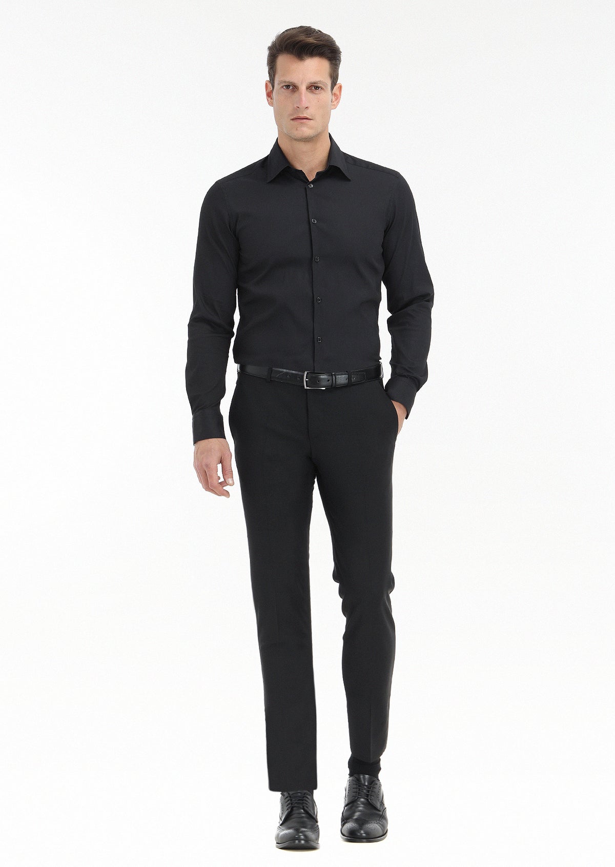Siyah Düz Slim Fit Uzun Dokuma Klasik Pamuk Karışımlı Gömlek