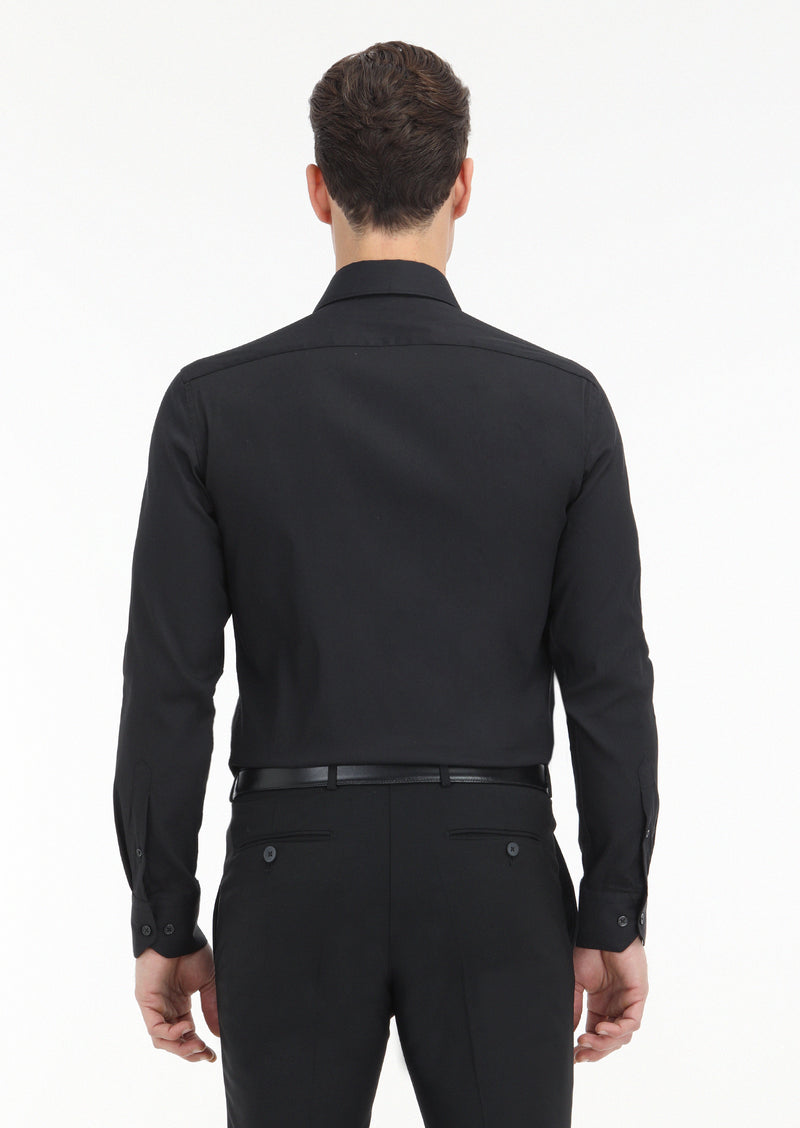 Siyah Düz Slim Fit Uzun Dokuma Klasik Pamuk Karışımlı Gömlek
